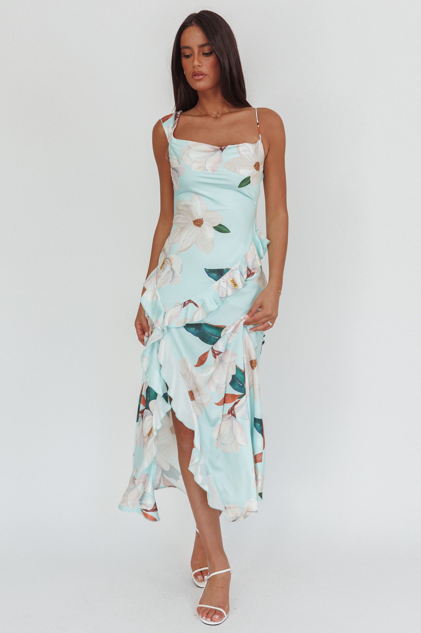Sunshine Eternity Asymmetric Neckline Ruffle Maxi Dress Floral Mint-Maymioy