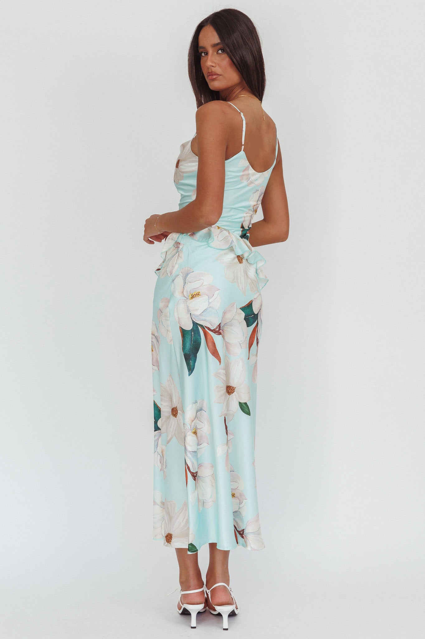 Sunshine Eternity Asymmetric Neckline Ruffle Maxi Dress Floral Mint-Maymioy