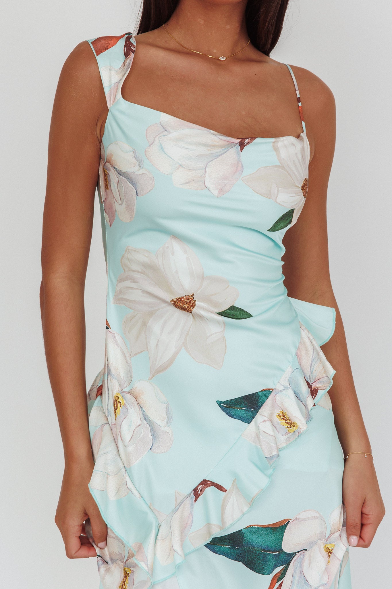 Sunshine Eternity Asymmetric Neckline Ruffle Maxi Dress Floral Mint-Maymioy