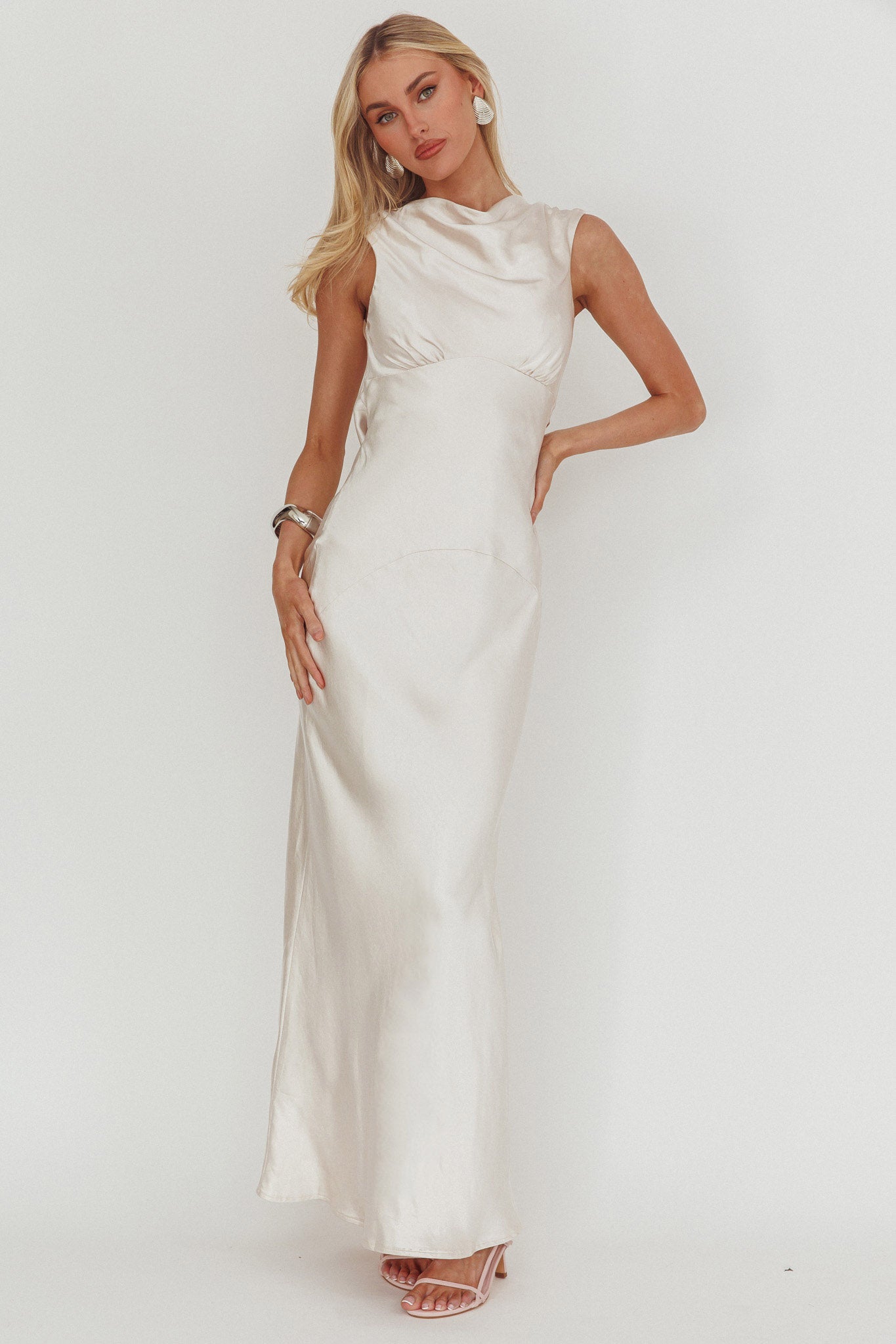 Cheers To You Cowl Back Maxi Dress Oyster-Maymioy