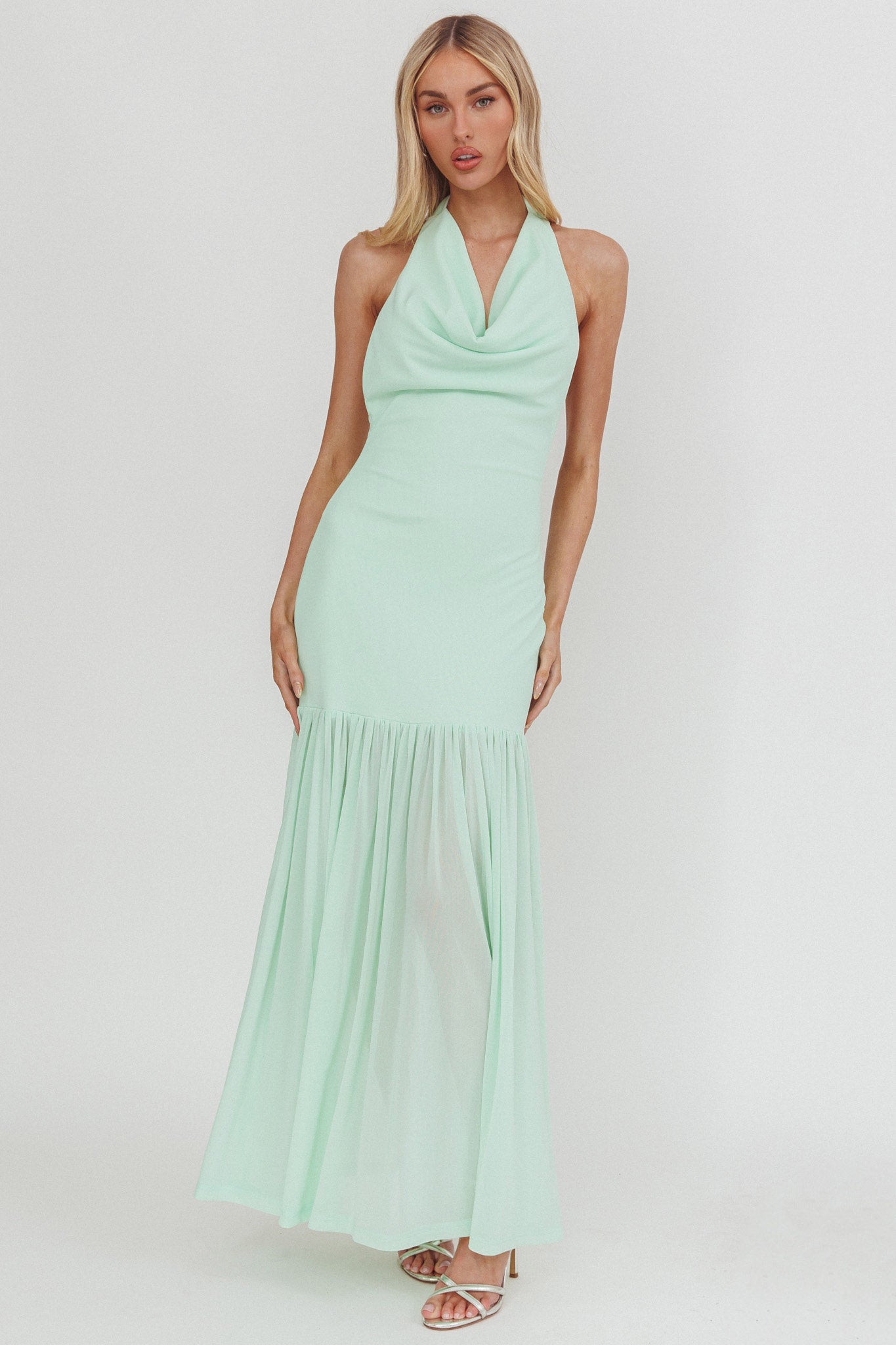 Kailyn Cowl Neck Sheer Hem Maxi Dress Mint-Maymioy