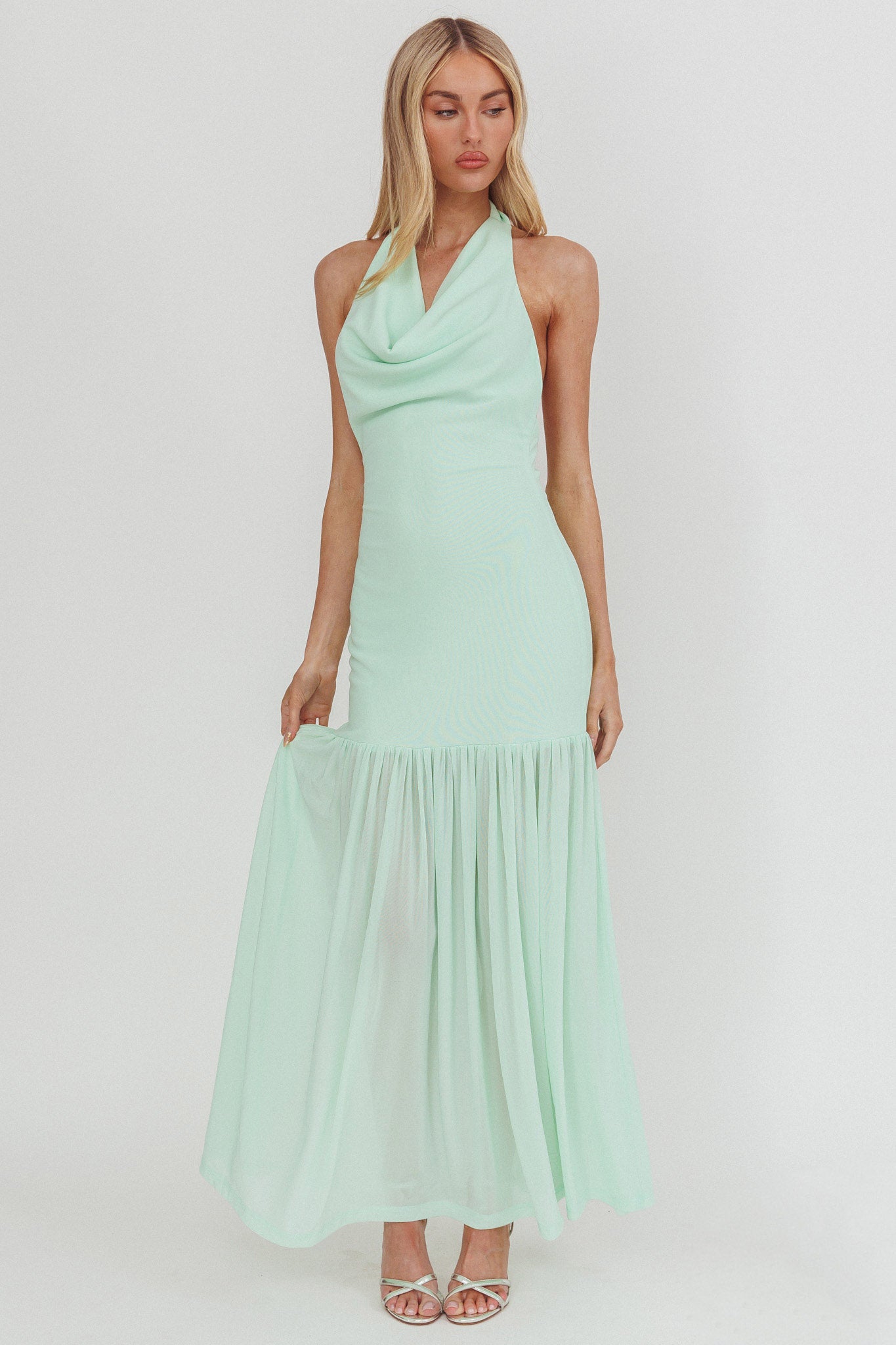Kailyn Cowl Neck Sheer Hem Maxi Dress Mint-Maymioy