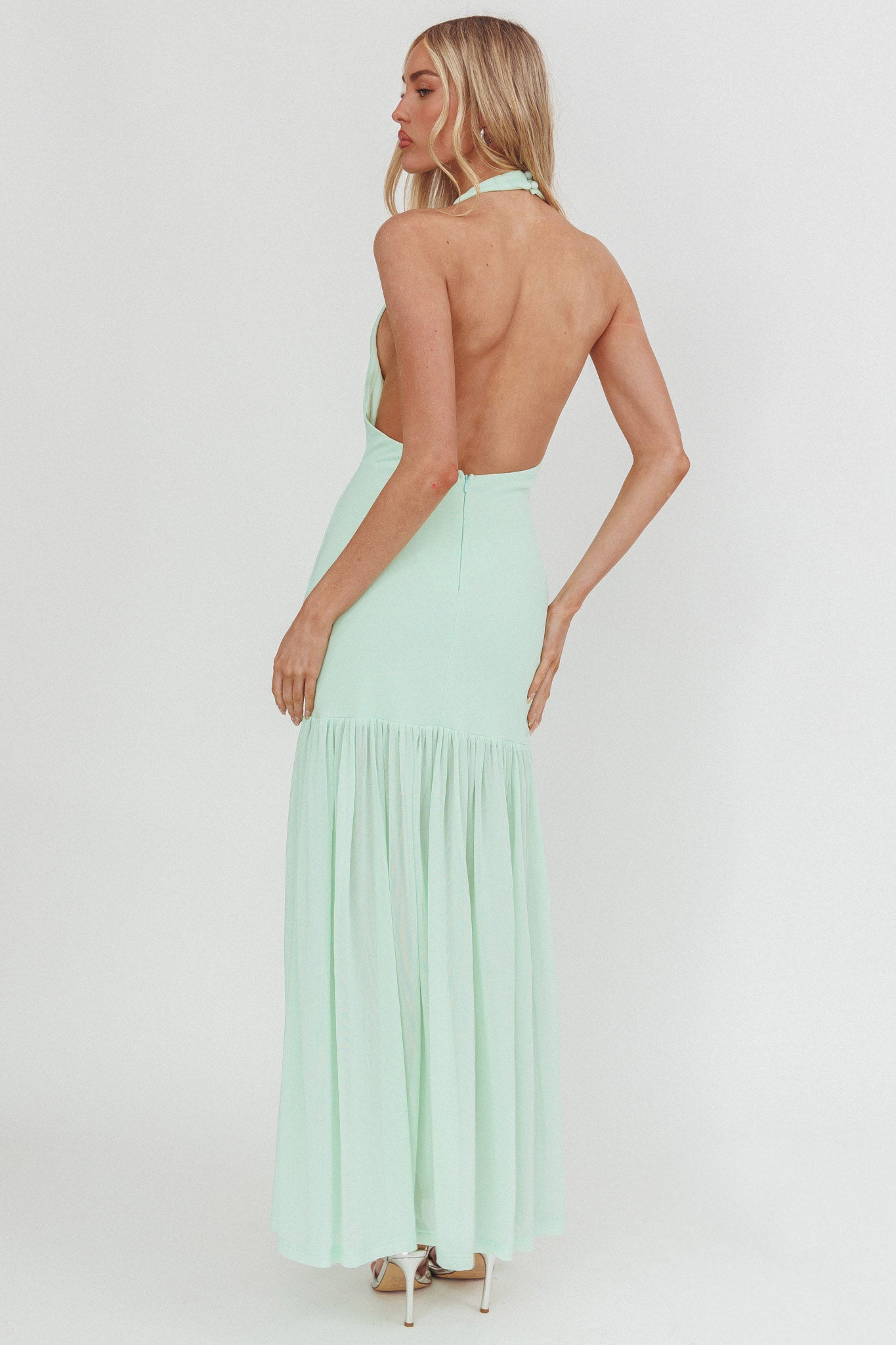 Kailyn Cowl Neck Sheer Hem Maxi Dress Mint-Maymioy