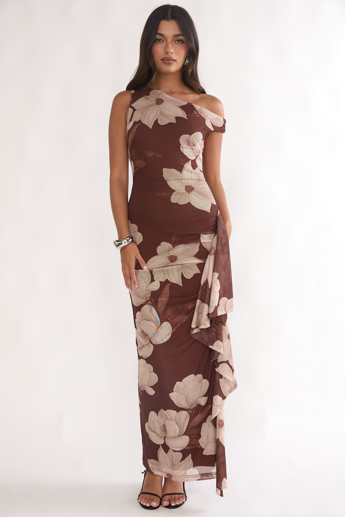 Raphaella Asymmetric Neckline Split Maxi Dress Magnolia Brown-Maymioy