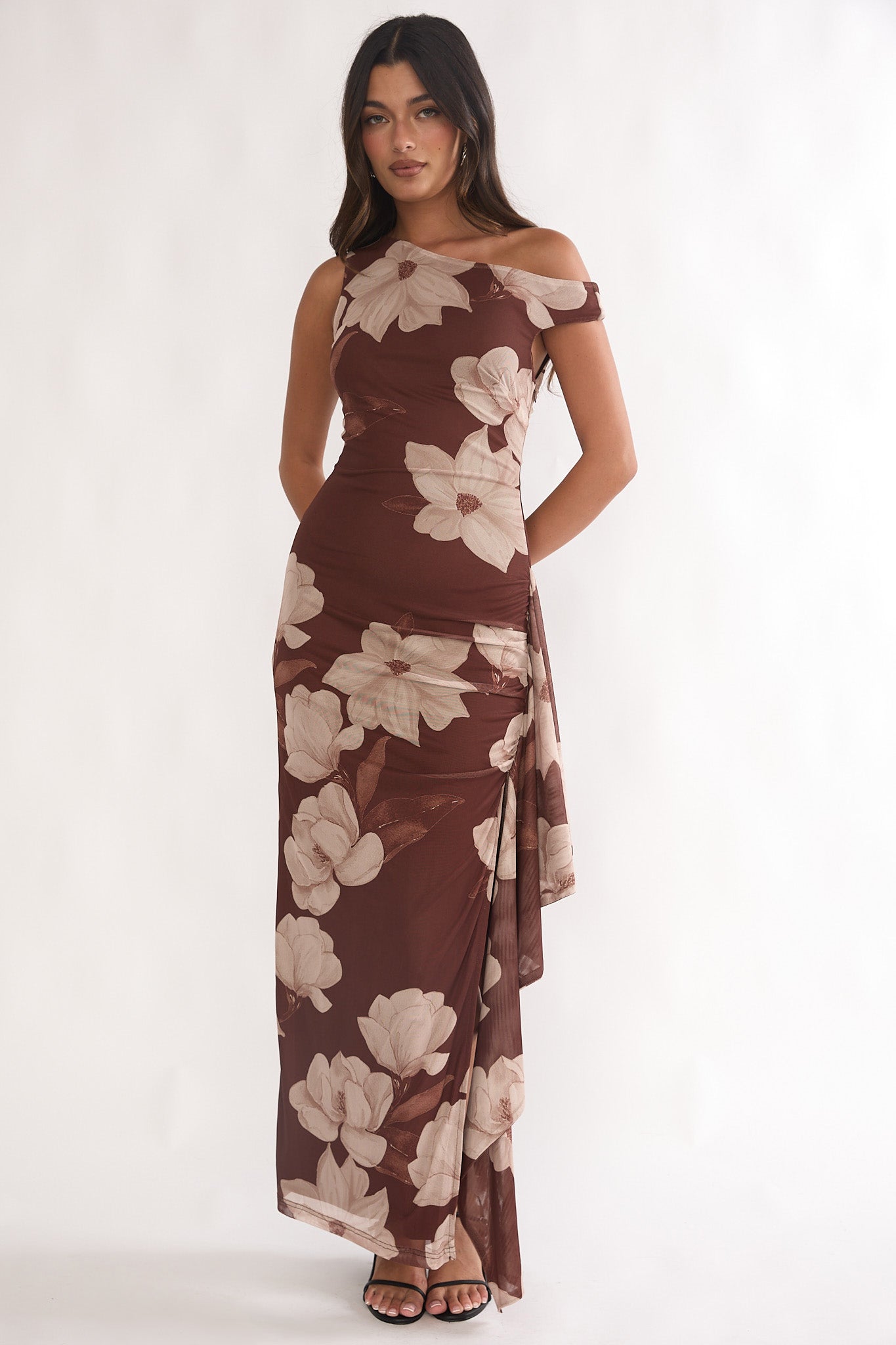Raphaella Asymmetric Neckline Split Maxi Dress Magnolia Brown-Maymioy