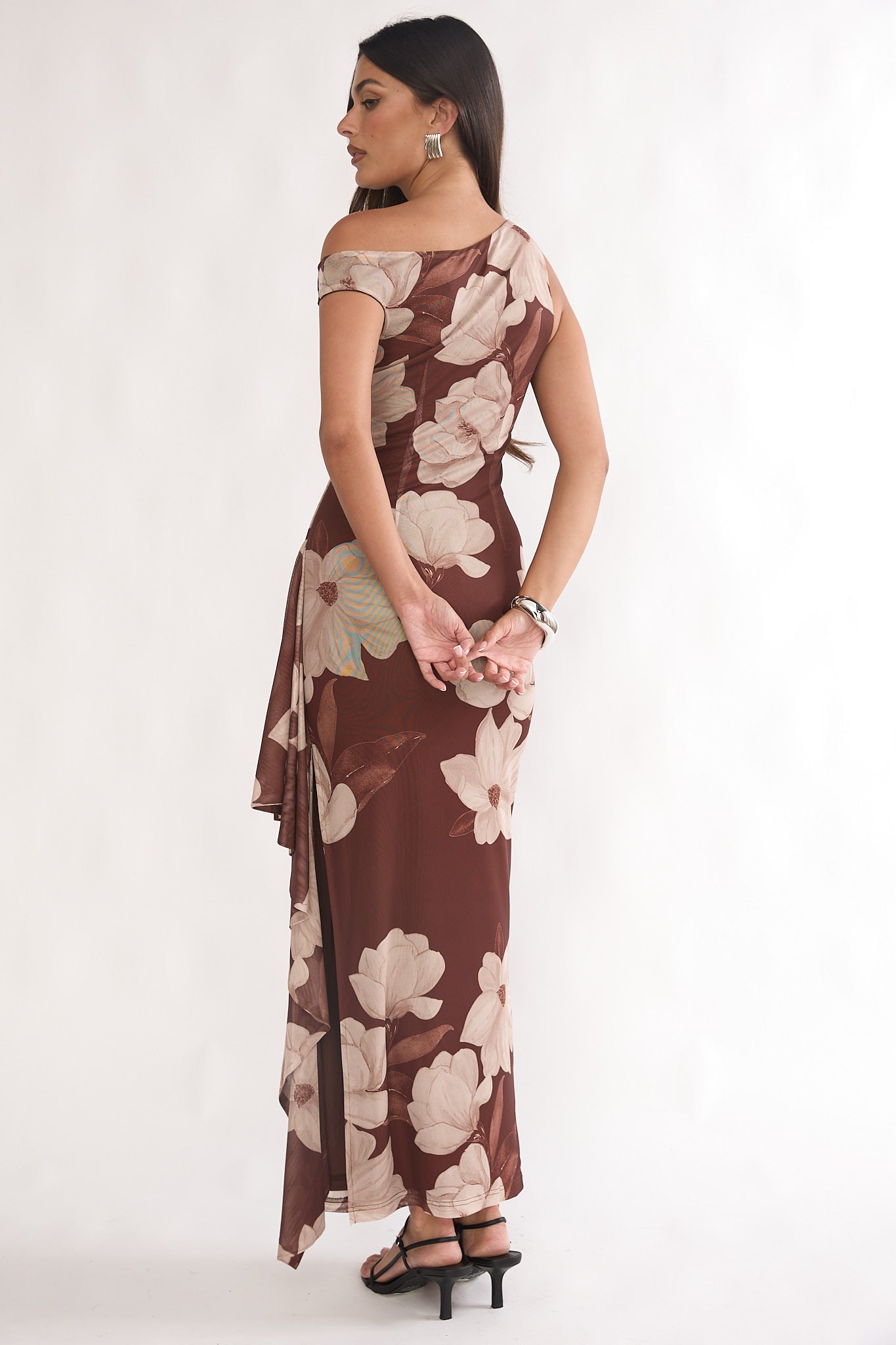 Raphaella Asymmetric Neckline Split Maxi Dress Magnolia Brown-Maymioy