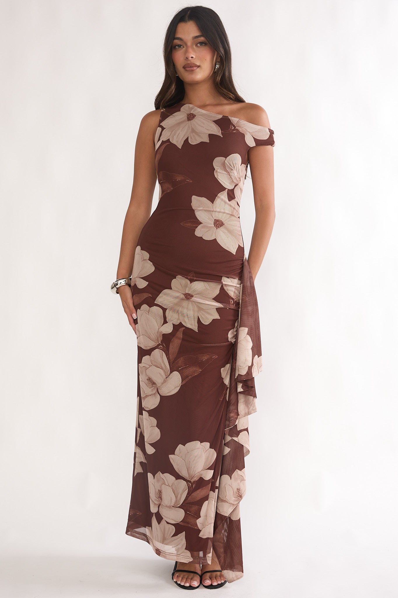 Raphaella Asymmetric Neckline Split Maxi Dress Magnolia Brown-Maymioy