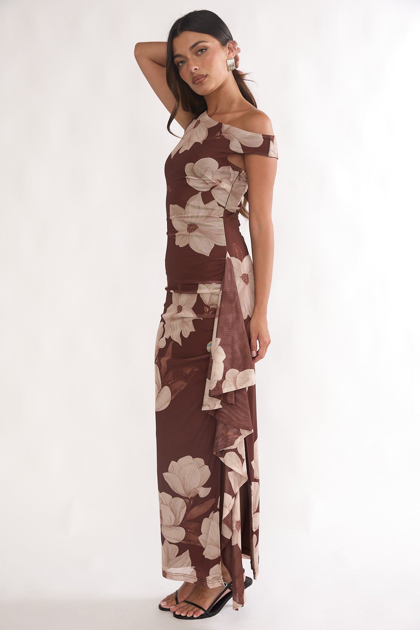 Raphaella Asymmetric Neckline Split Maxi Dress Magnolia Brown-Maymioy