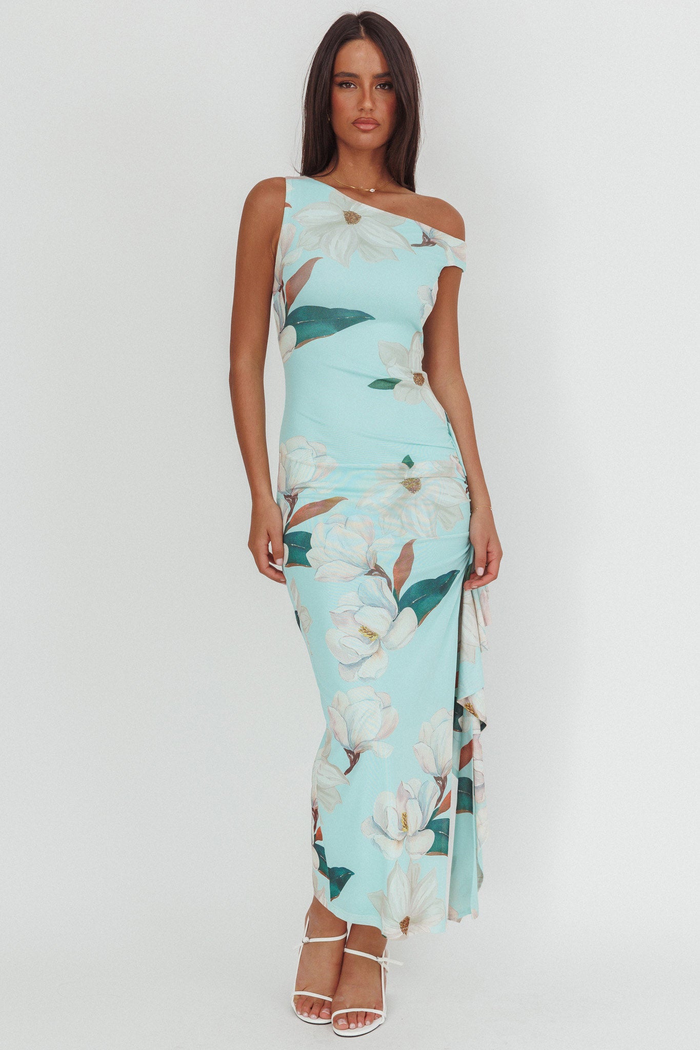 Raphaella Asymmetric Neckline Split Maxi Dress Magnolia Mint-Maymioy