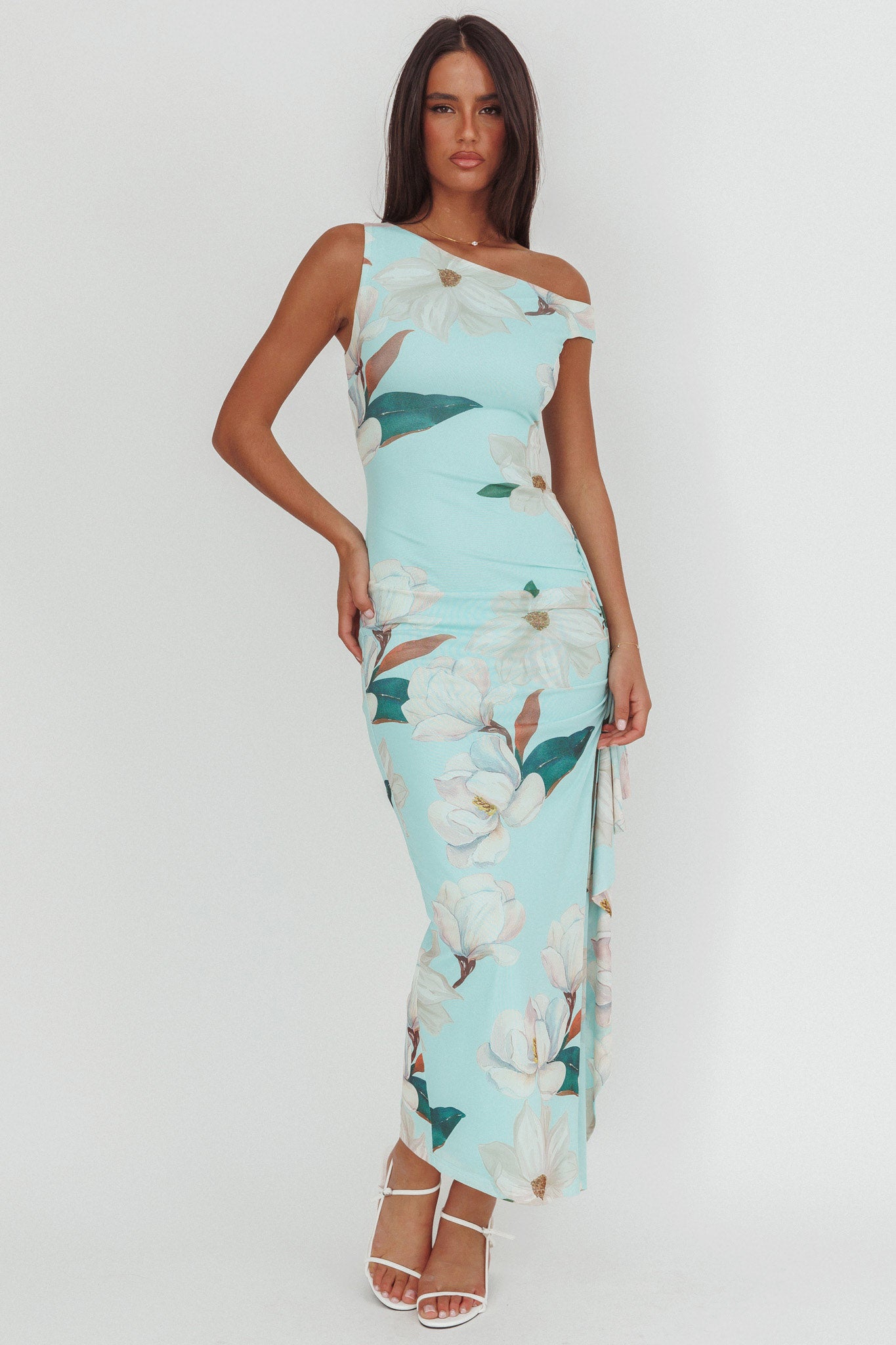 Raphaella Asymmetric Neckline Split Maxi Dress Magnolia Mint-Maymioy