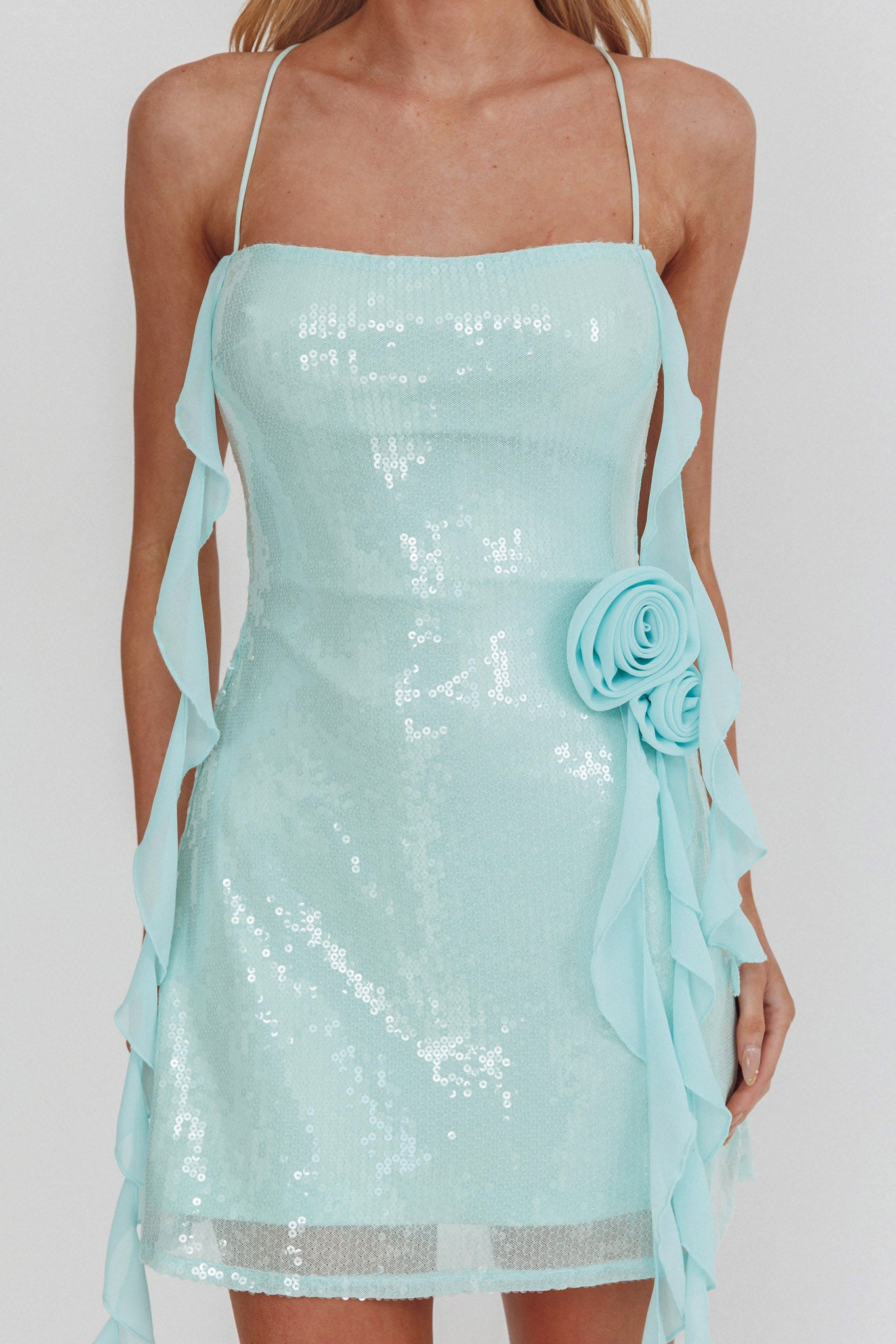 Standing Out Ruffle Rosette Trim Sequin Mini Dress Mint-Maymioy