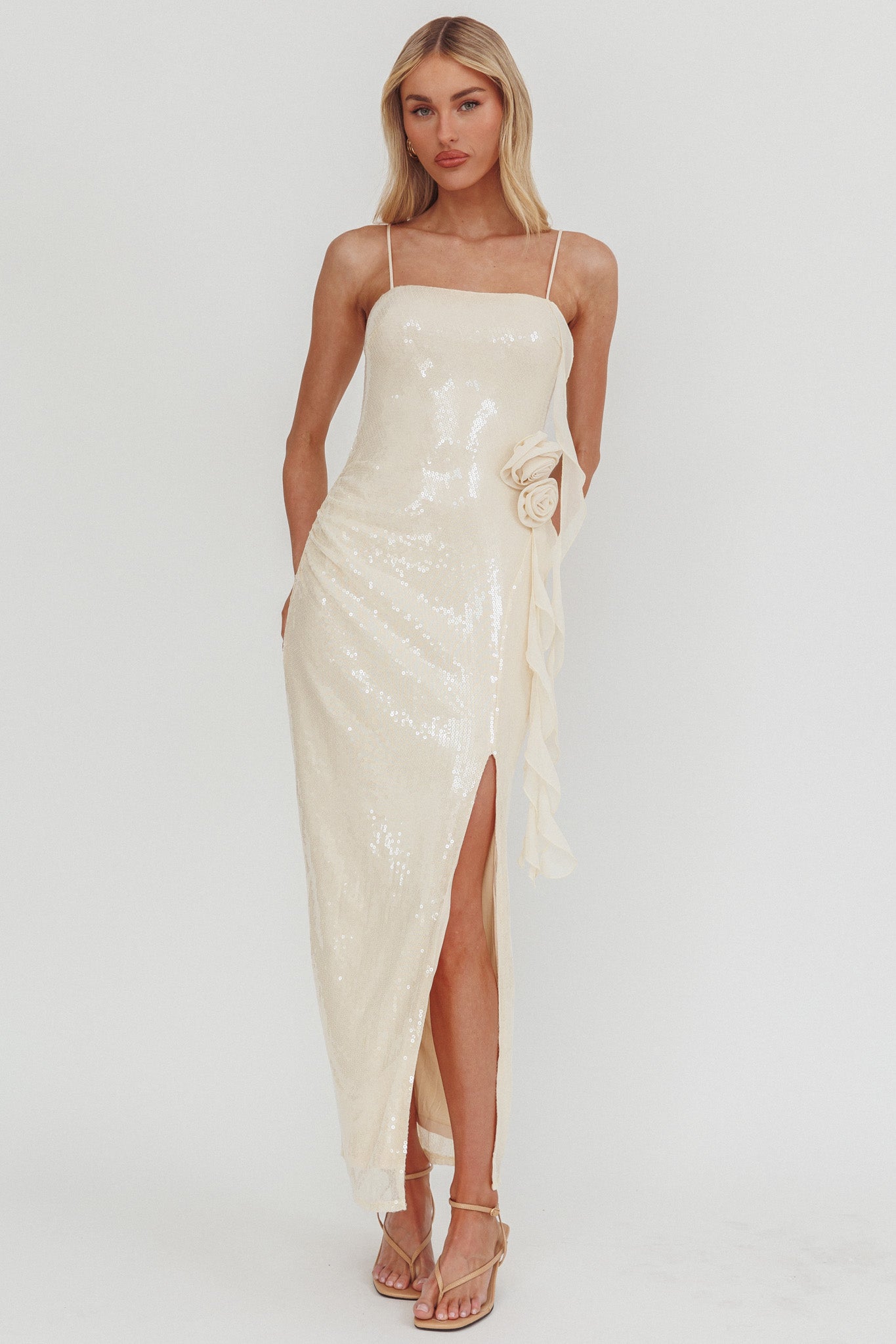 She Glows Cami Strap Sequin Maxi Dress Champagne-Maymioy