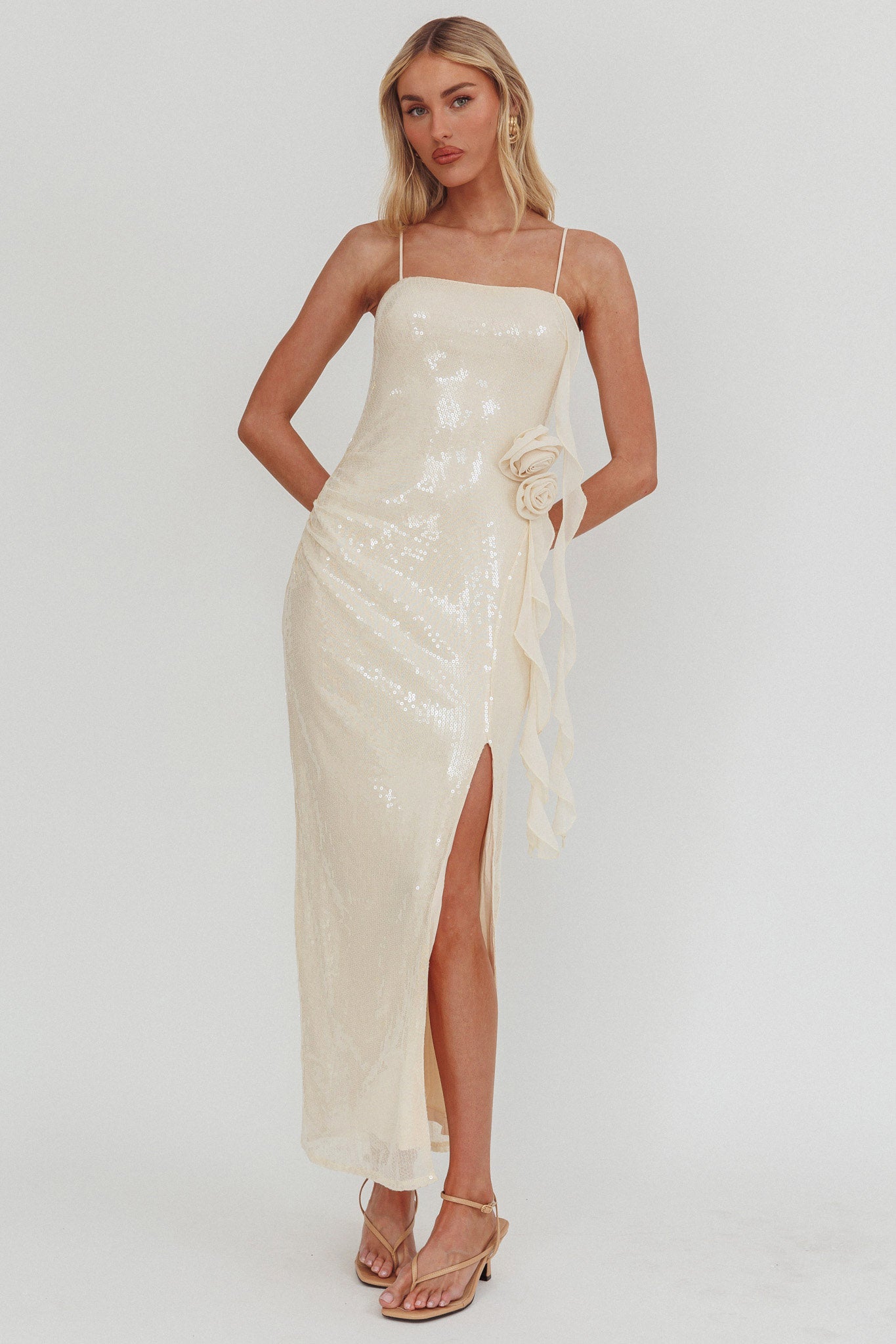 She Glows Cami Strap Sequin Maxi Dress Champagne-Maymioy