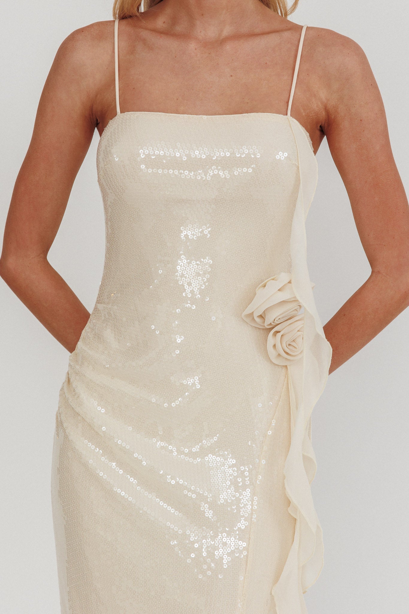She Glows Cami Strap Sequin Maxi Dress Champagne-Maymioy