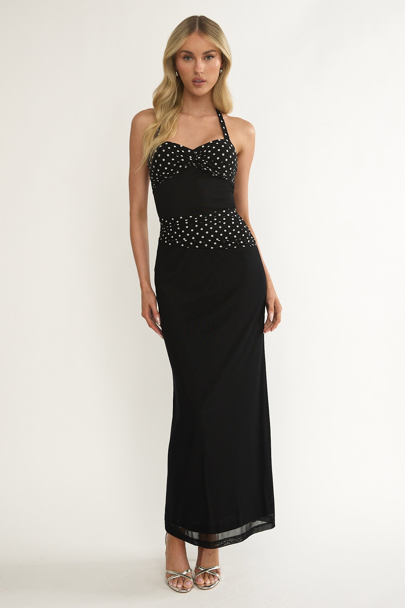 Swan Halterneck Ruched Waist Maxi Dress Black-Maymioy