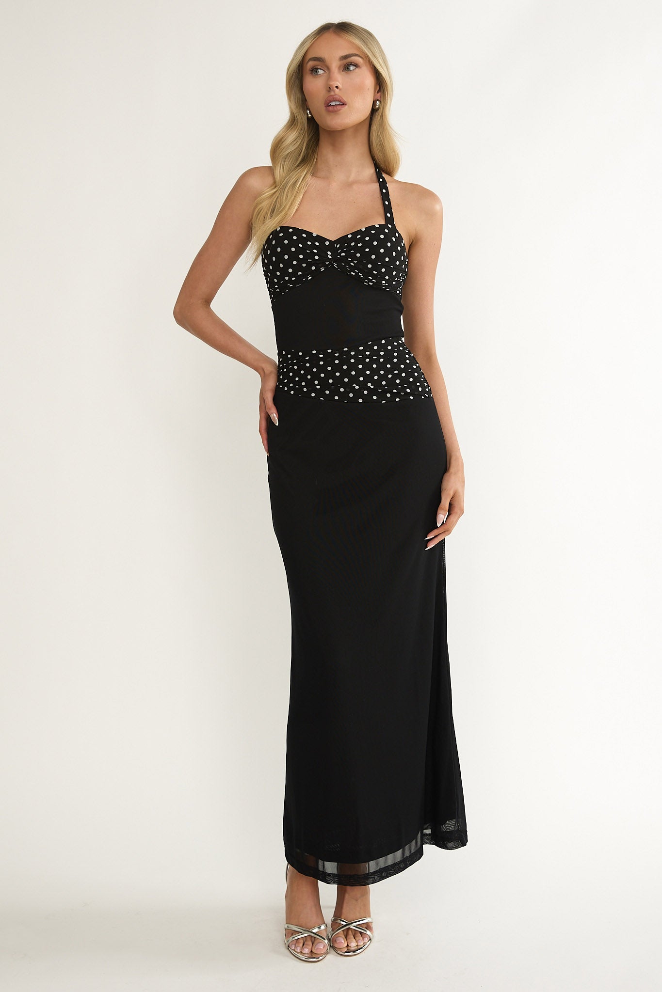 Swan Halterneck Ruched Waist Maxi Dress Black-Maymioy