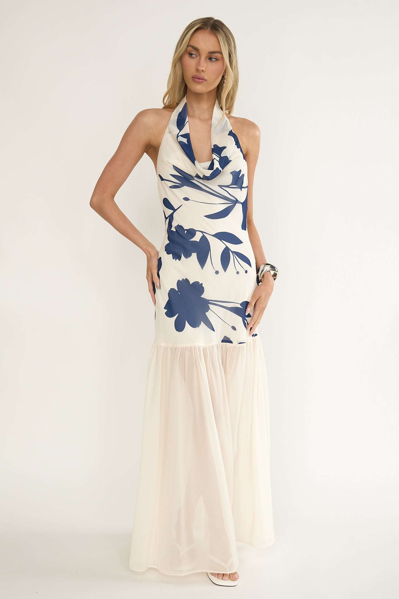 Omaria Cowl Halter Maxi Dress Floral Beige-Maymioy