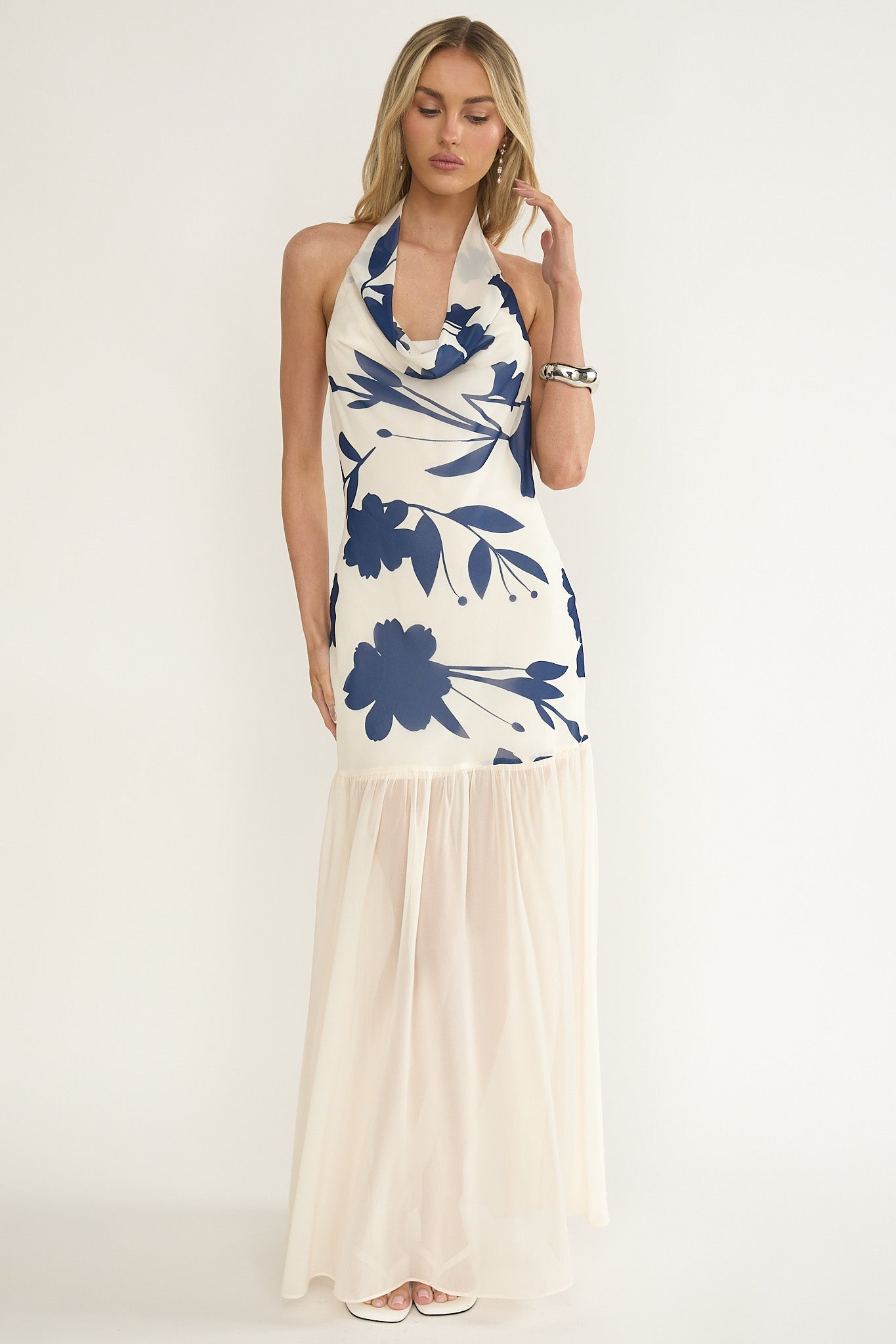 Omaria Cowl Halter Maxi Dress Floral Beige-Maymioy