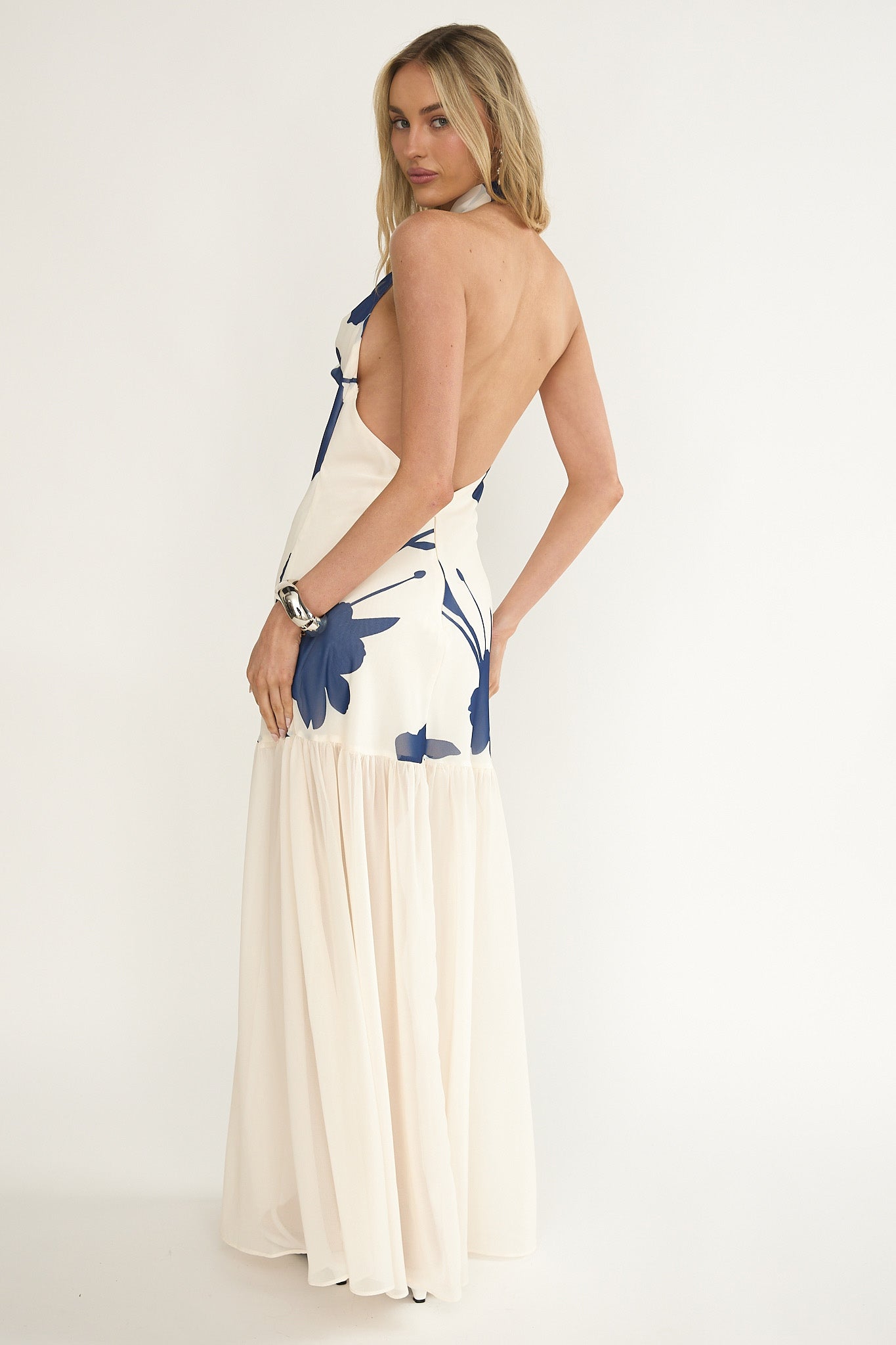 Omaria Cowl Halter Maxi Dress Floral Beige-Maymioy