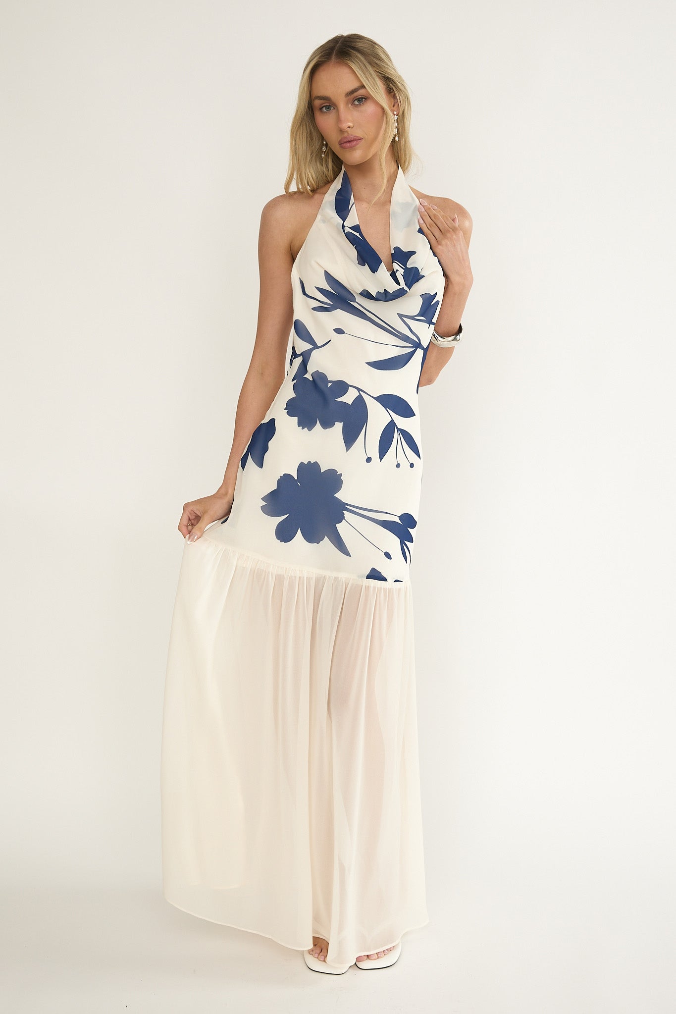 Omaria Cowl Halter Maxi Dress Floral Beige-Maymioy