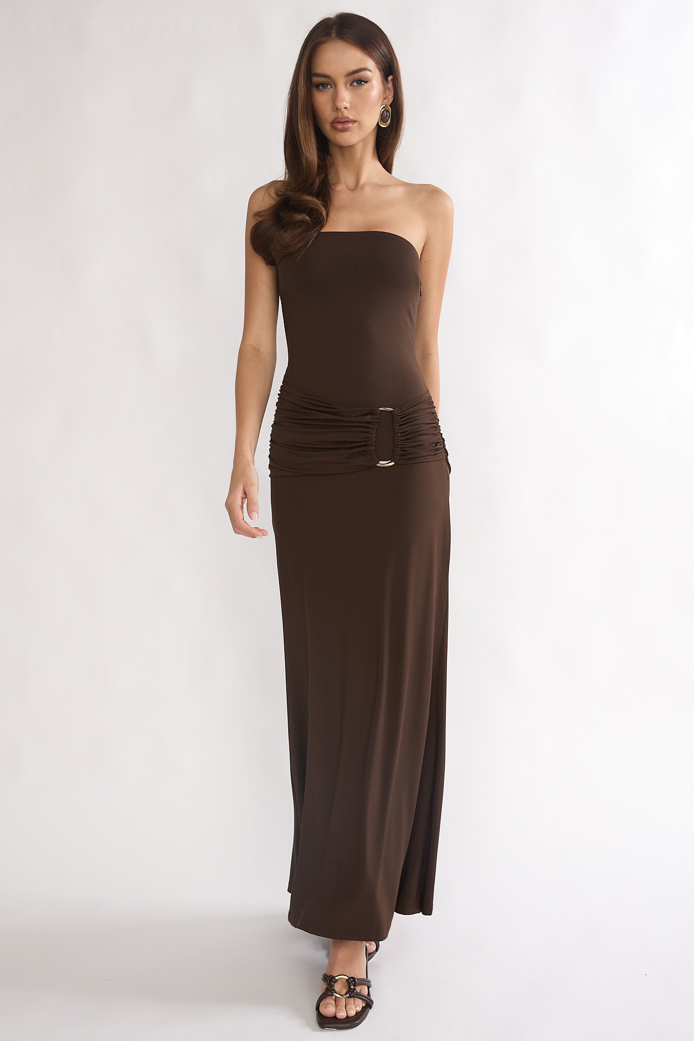 Klaudia Strapless Ruched Waist Maxi Dress Chocolate-Maymioy