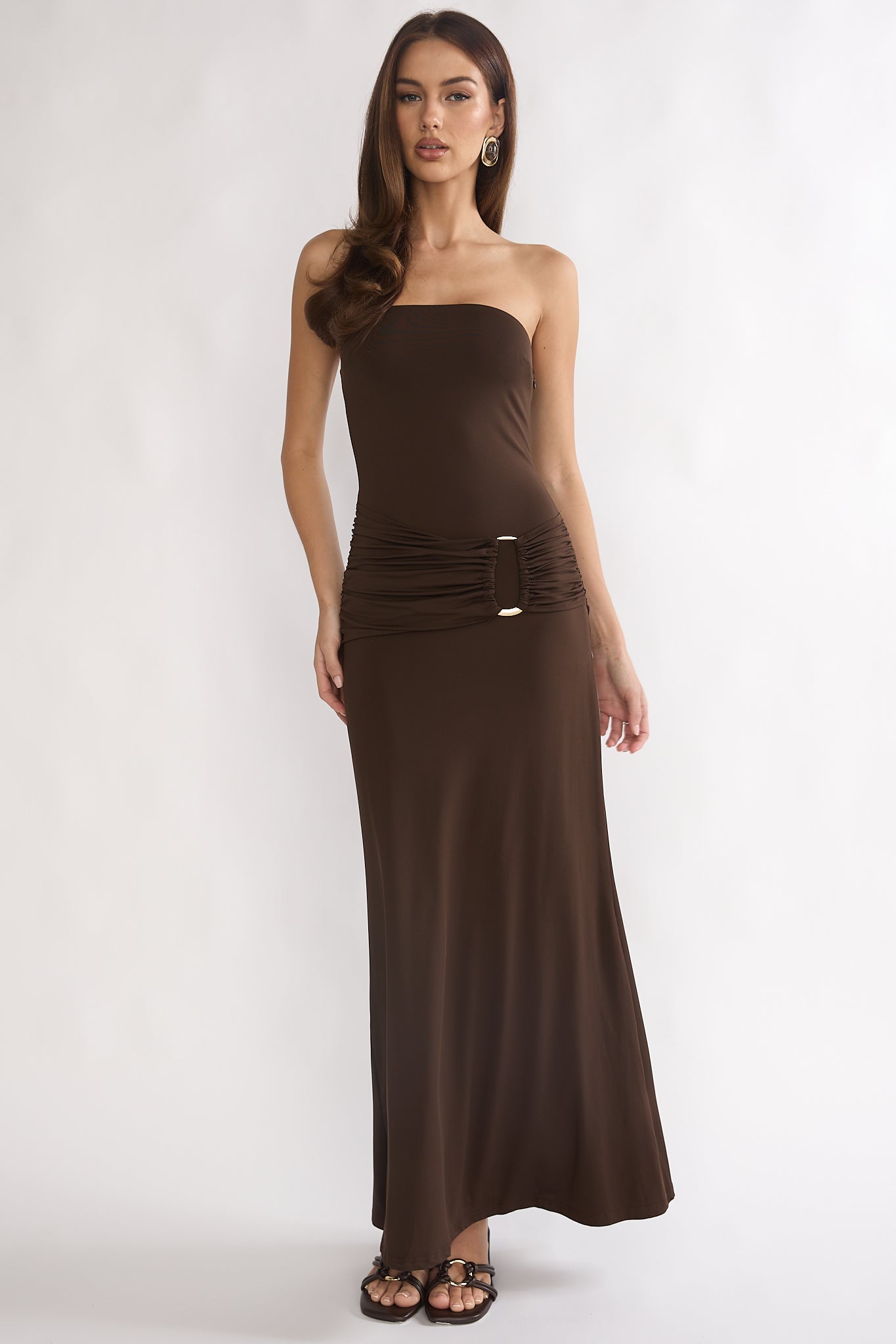 Klaudia Strapless Ruched Waist Maxi Dress Chocolate-Maymioy