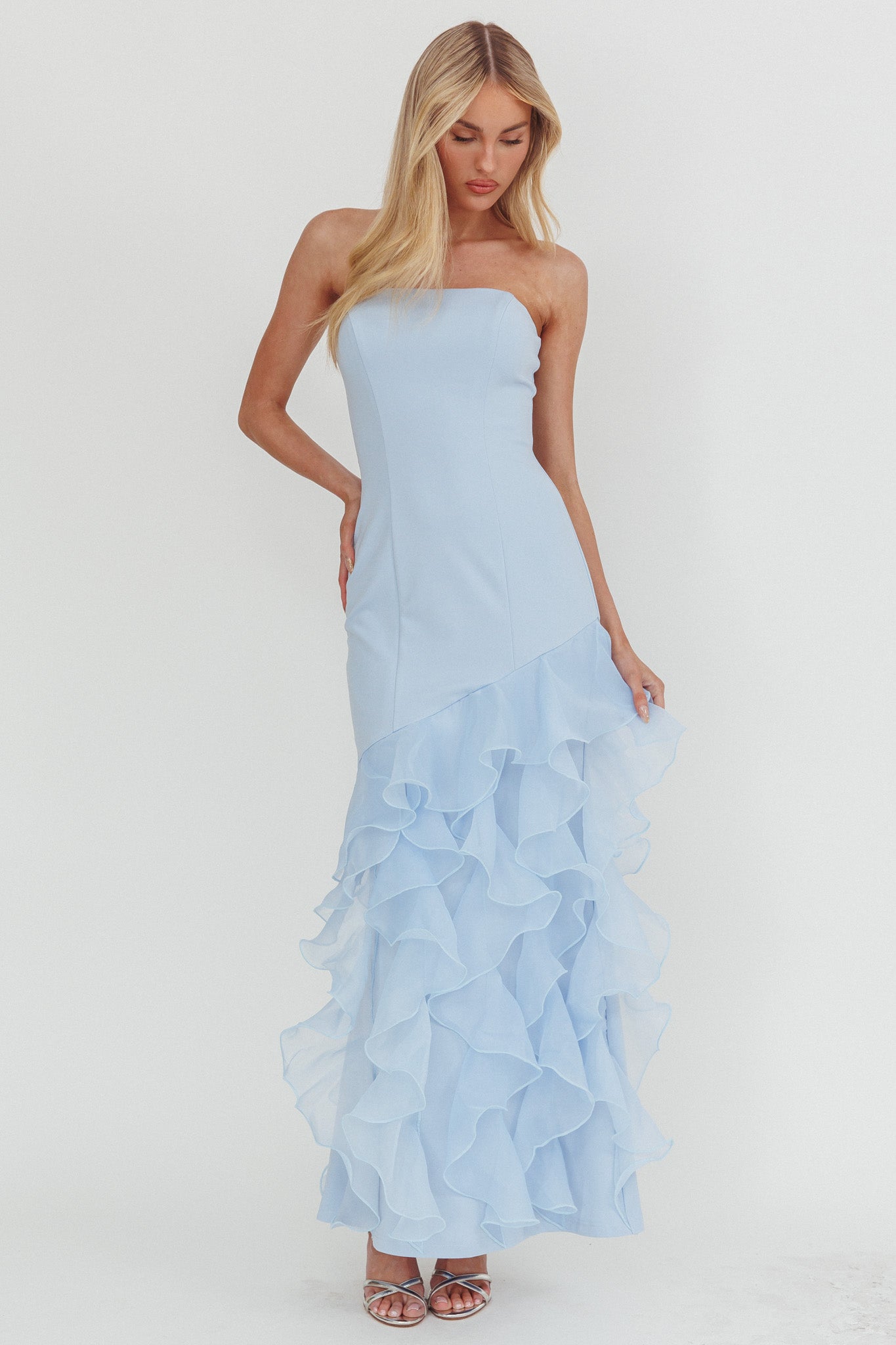 Kioto Strapless Organza Trim Maxi Dress Blue-Maymioy