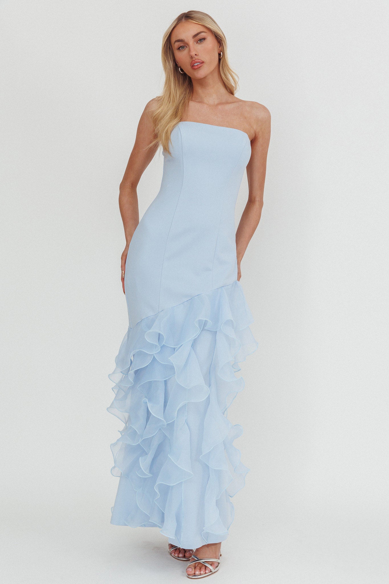 Kioto Strapless Organza Trim Maxi Dress Blue-Maymioy