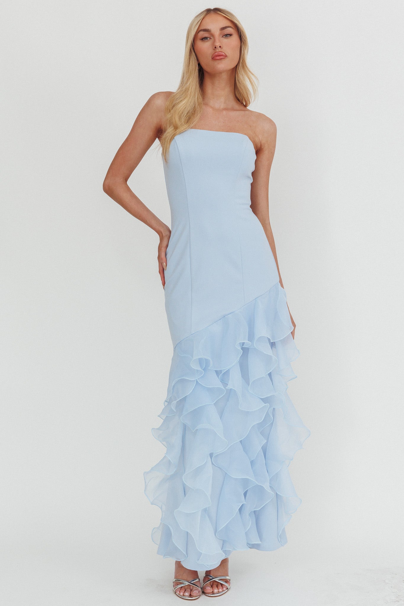 Kioto Strapless Organza Trim Maxi Dress Blue-Maymioy