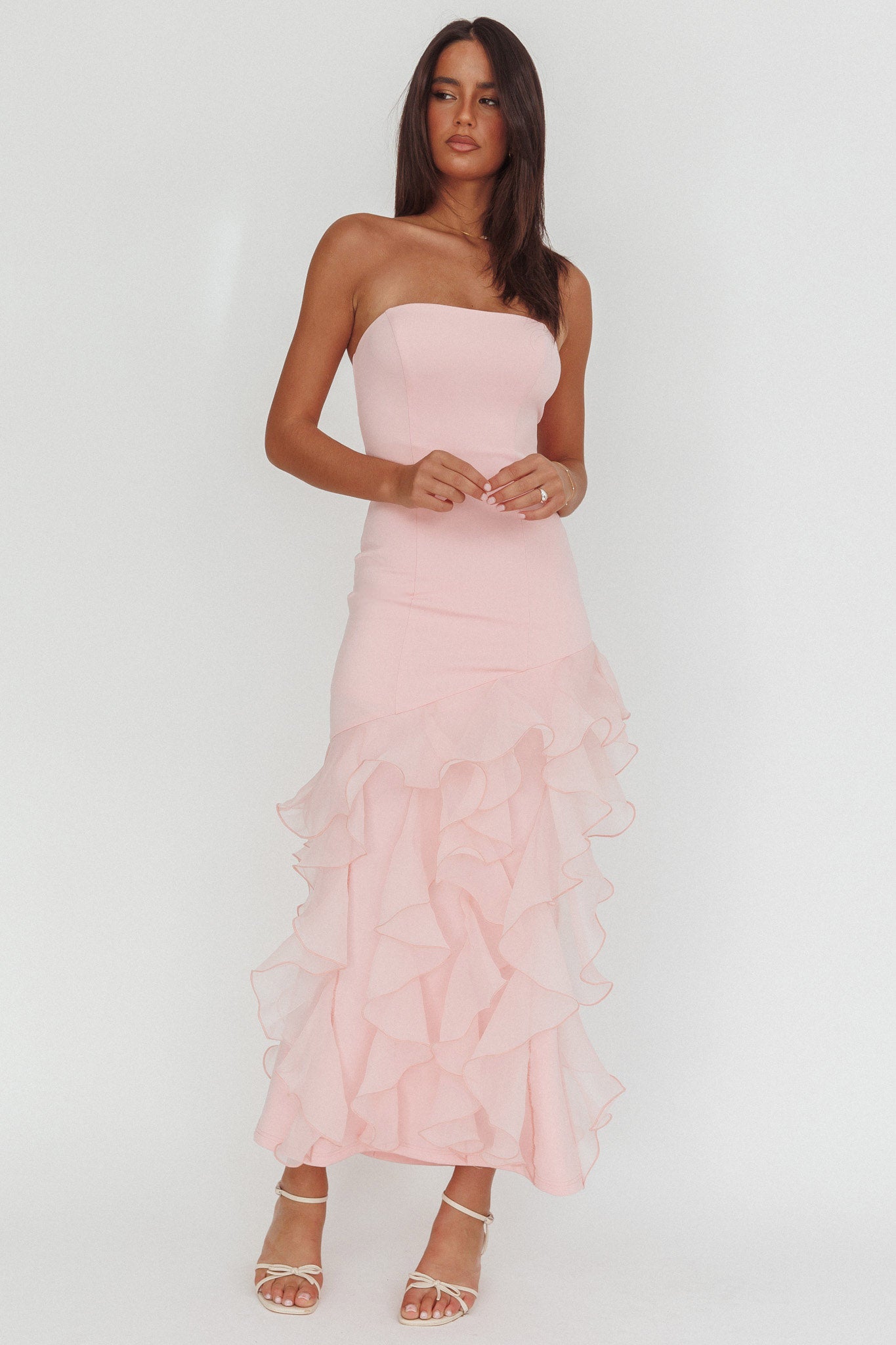 Kioto Strapless Organza Trim Maxi Dress Blush-Maymioy