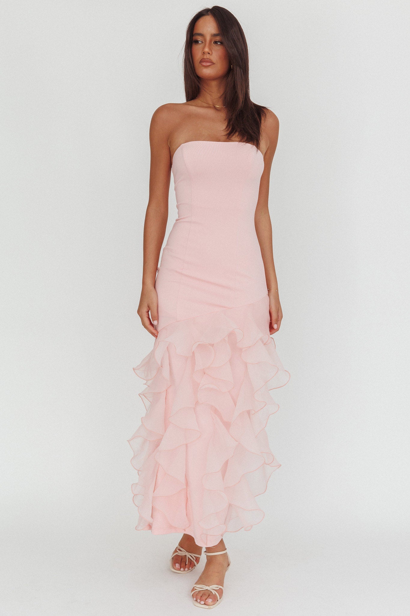 Kioto Strapless Organza Trim Maxi Dress Blush-Maymioy