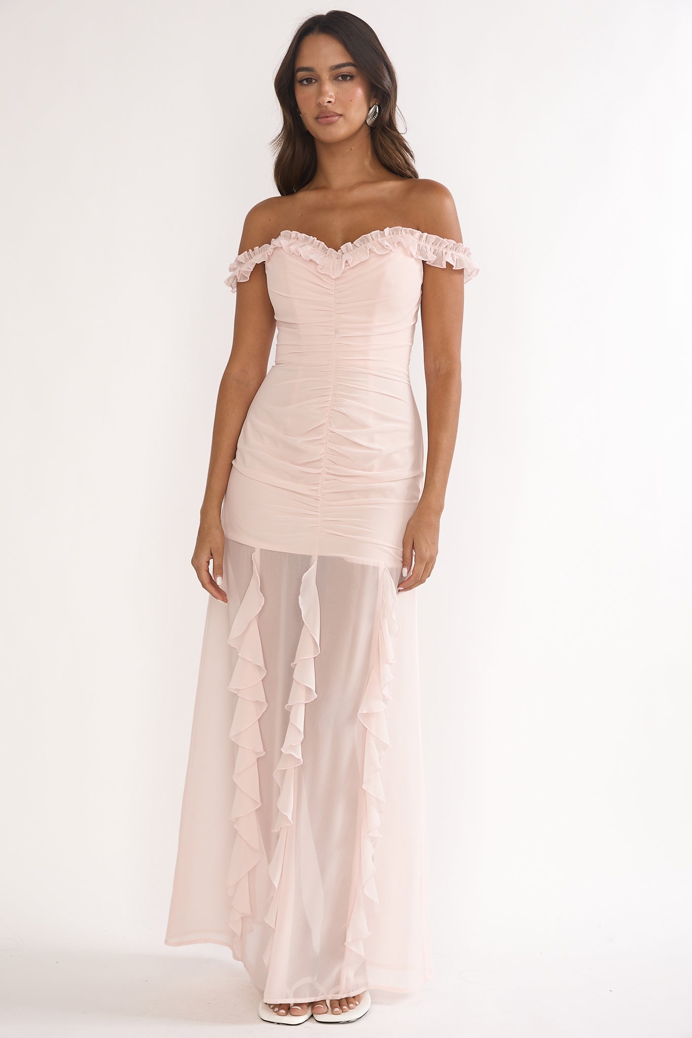 Fall In Love Off Shoulder Frill Maxi Dress Power Pink-Maymioy