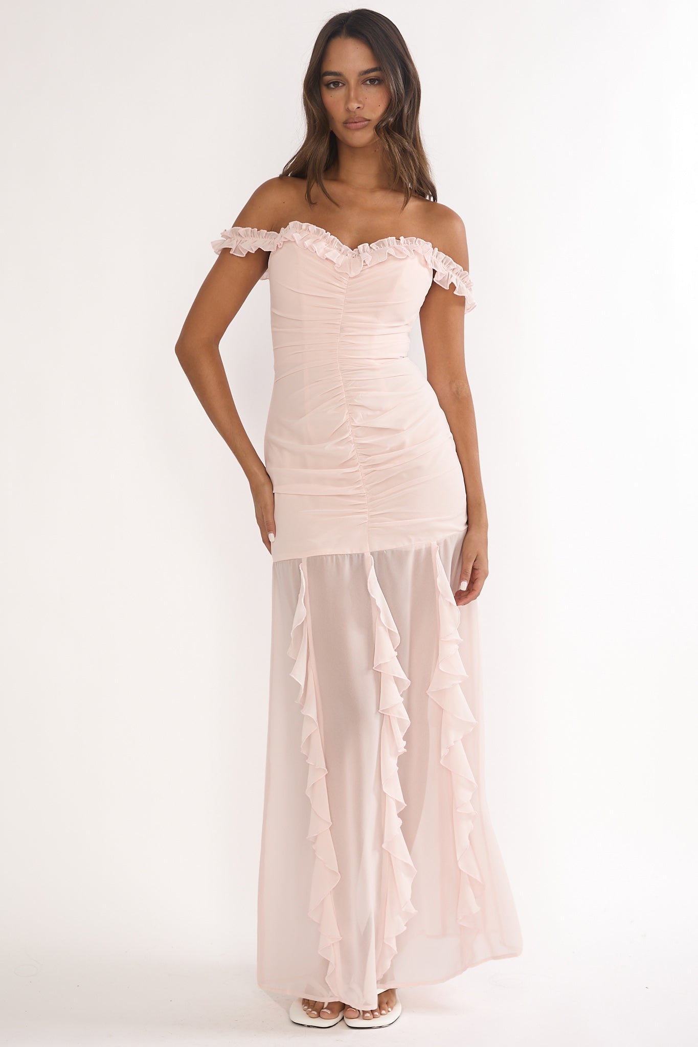 Fall In Love Off Shoulder Frill Maxi Dress Power Pink-Maymioy