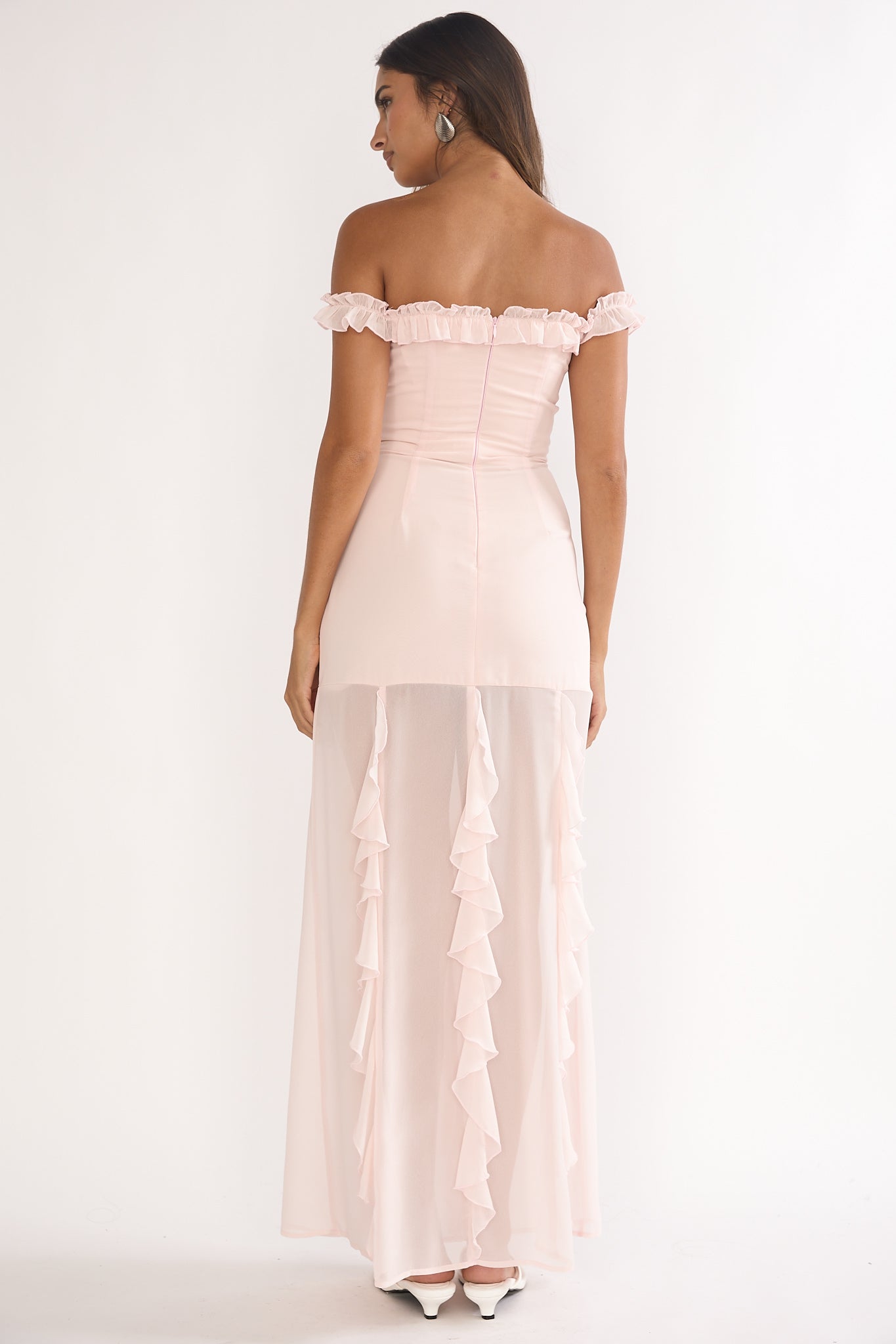 Fall In Love Off Shoulder Frill Maxi Dress Power Pink-Maymioy