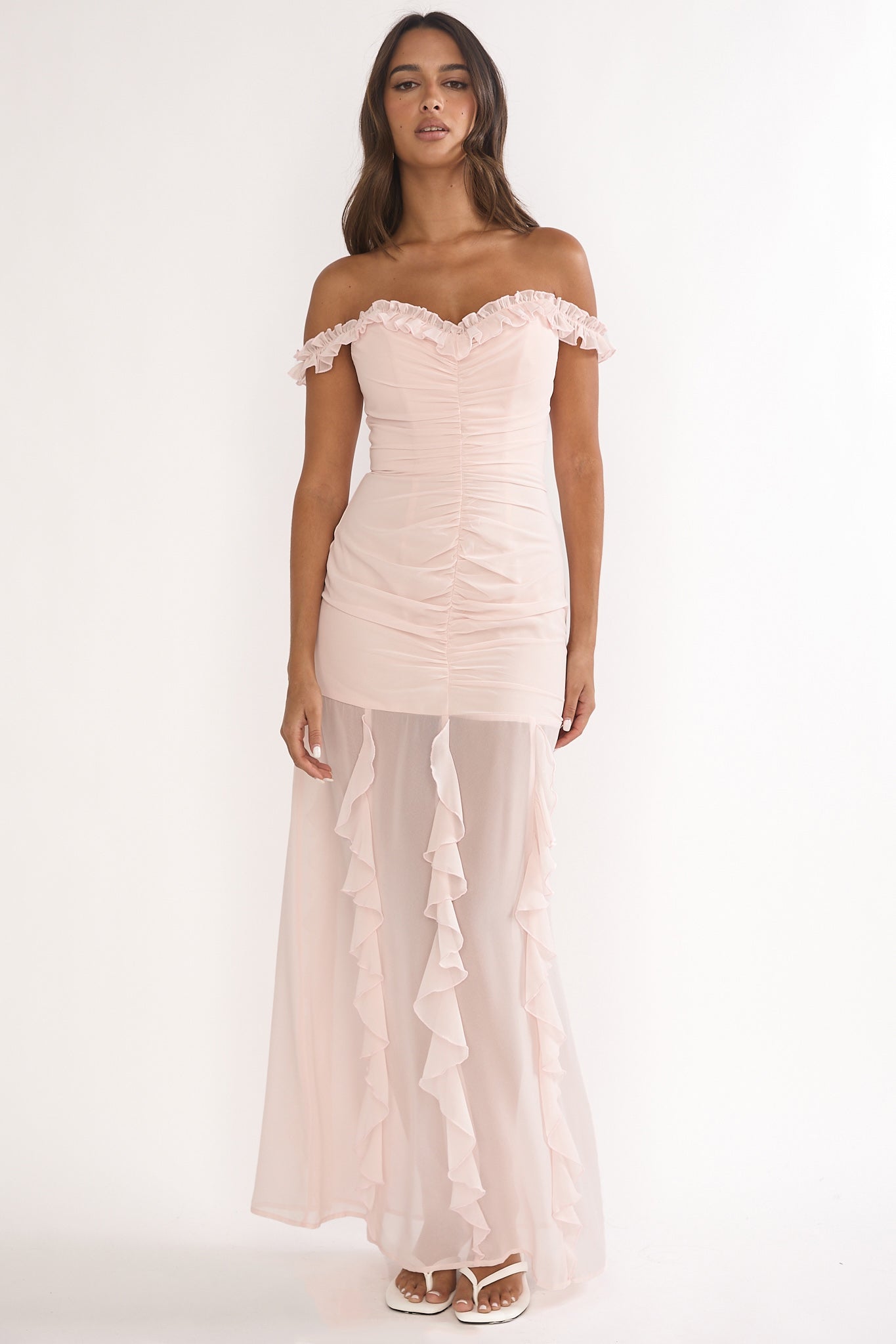 Fall In Love Off Shoulder Frill Maxi Dress Power Pink-Maymioy