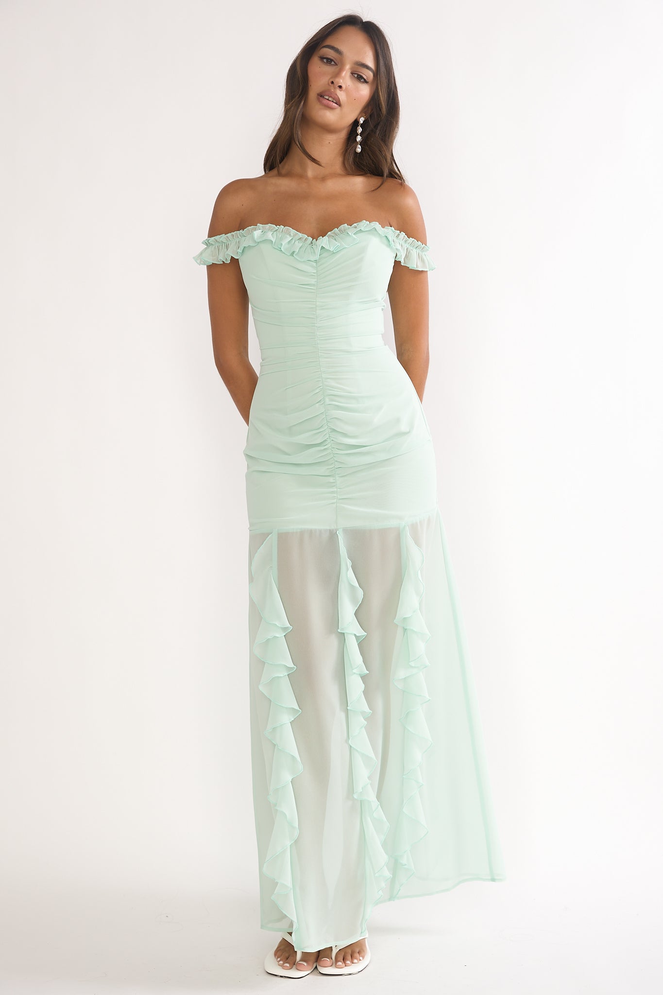 Fall In Love Off Shoulder Frill Maxi Dress Sage-Maymioy