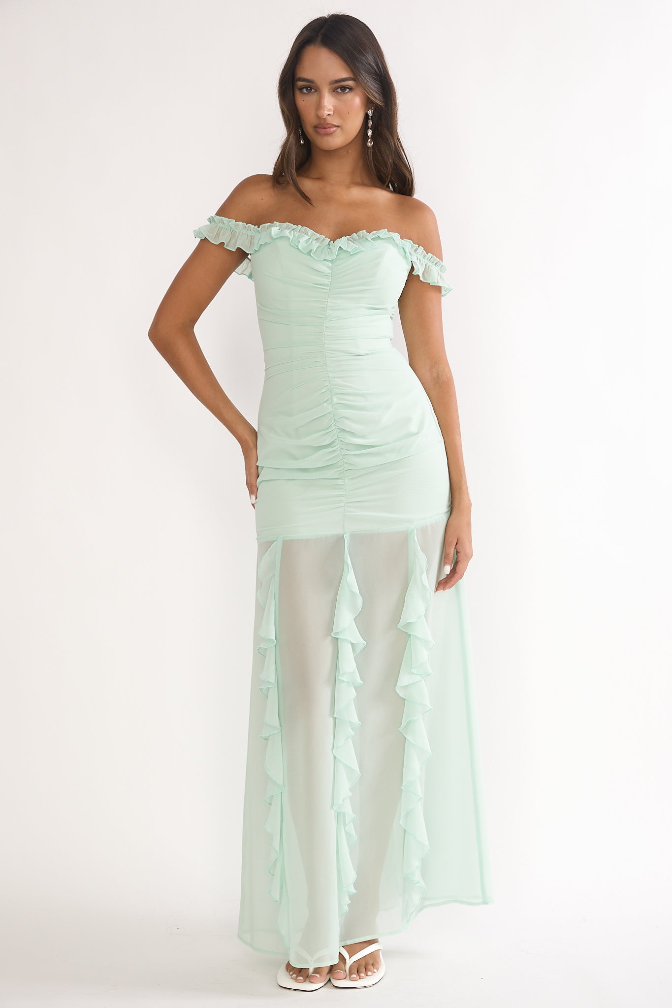 Fall In Love Off Shoulder Frill Maxi Dress Sage-Maymioy