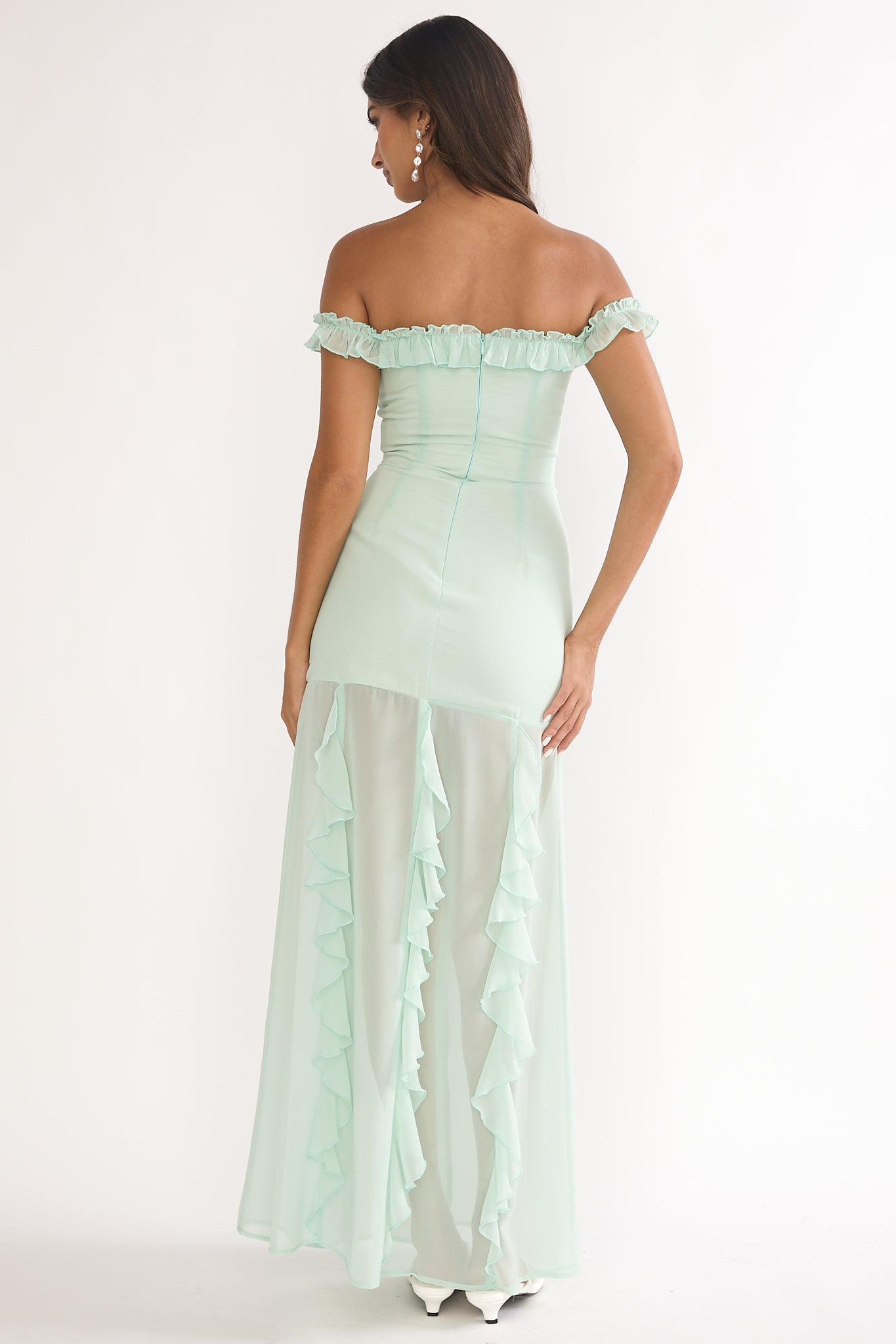 Fall In Love Off Shoulder Frill Maxi Dress Sage-Maymioy