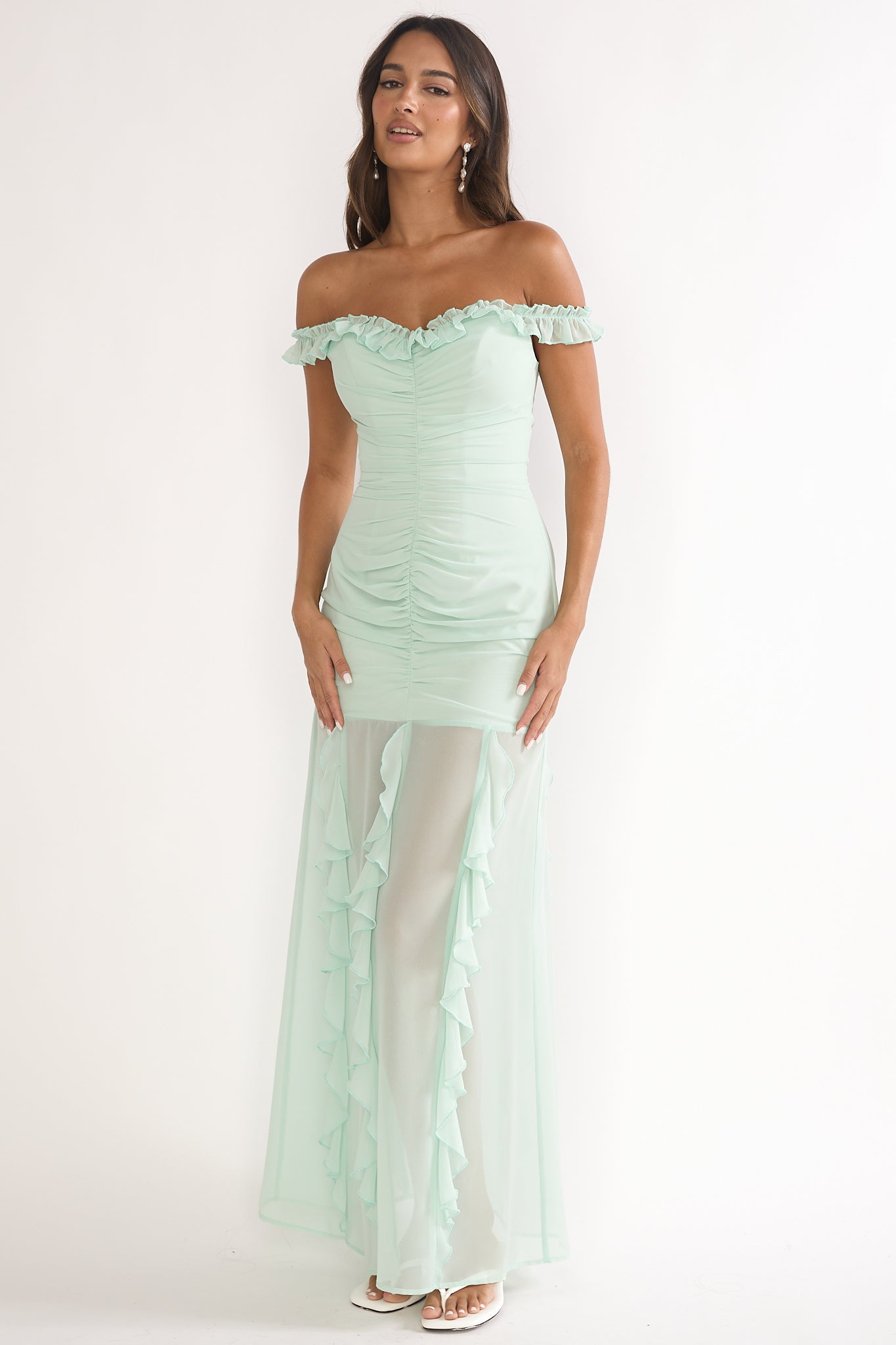 Fall In Love Off Shoulder Frill Maxi Dress Sage-Maymioy