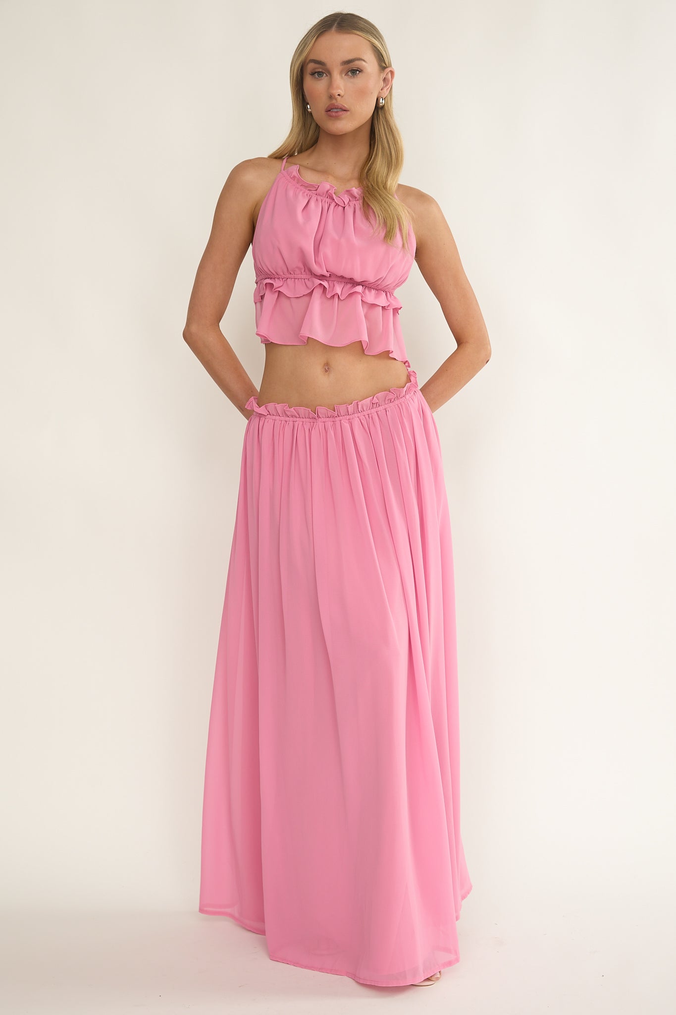 Marivelle Frill Trim Maxi Skirt Pink-Maymioy