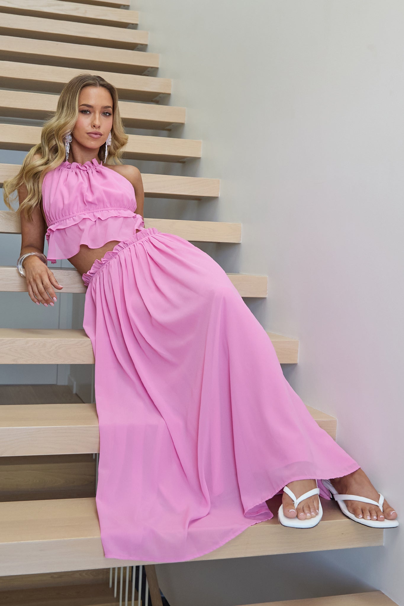 Marivelle Frill Trim Maxi Skirt Pink-Maymioy