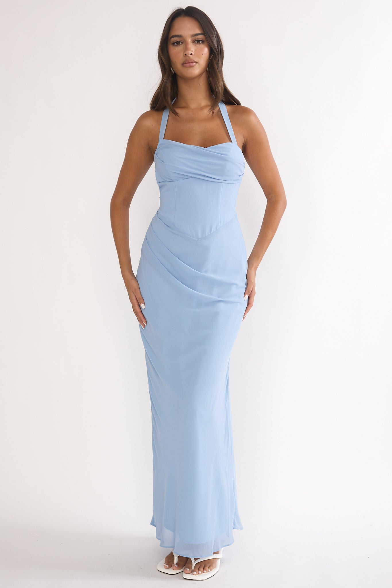 Rovelle Halterneck Pleat Waist Maxi Dress Sky Blue-Maymioy