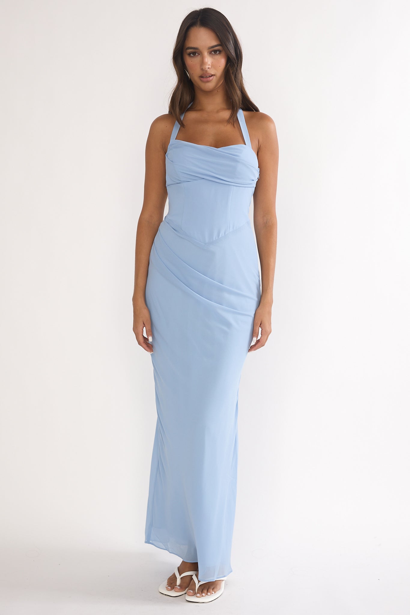 Rovelle Halterneck Pleat Waist Maxi Dress Sky Blue-Maymioy