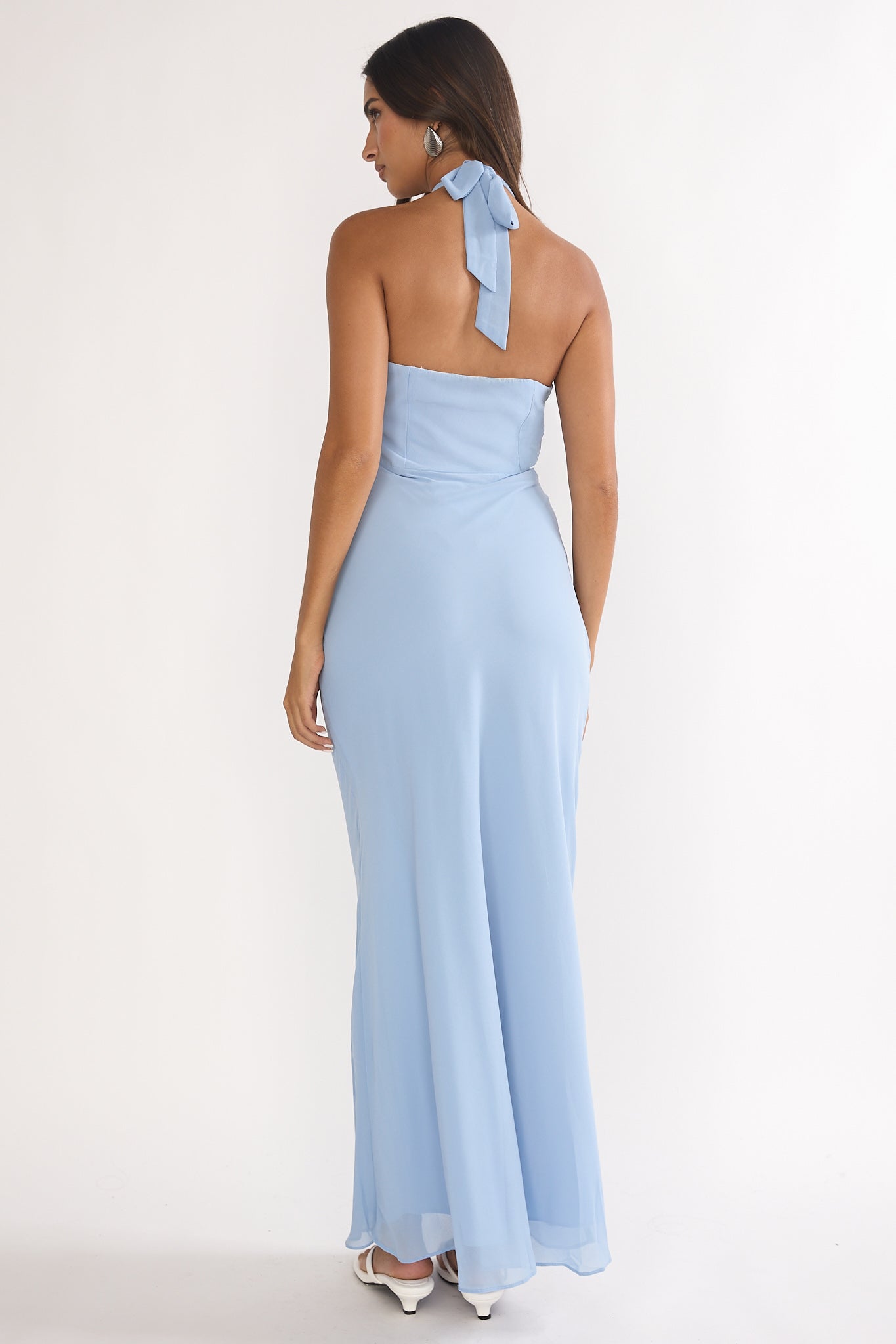 Rovelle Halterneck Pleat Waist Maxi Dress Sky Blue-Maymioy