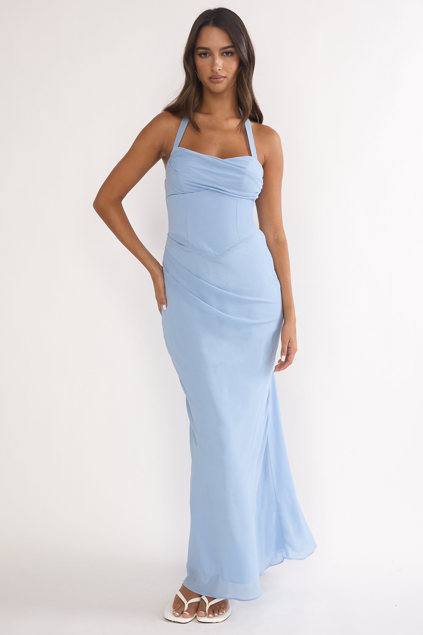Rovelle Halterneck Pleat Waist Maxi Dress Sky Blue-Maymioy