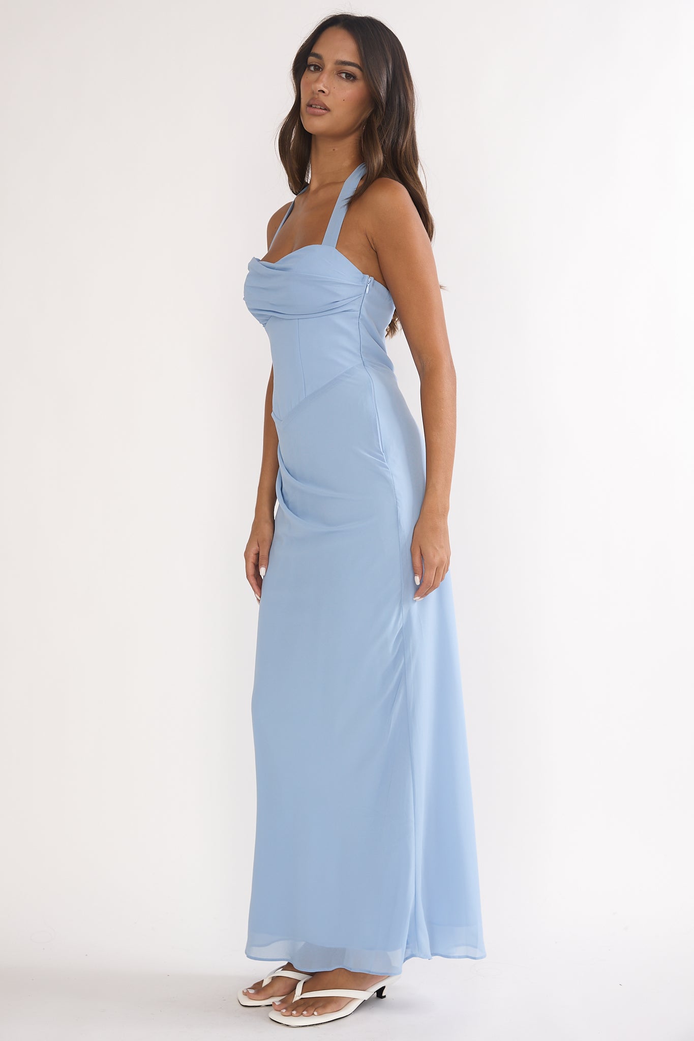 Rovelle Halterneck Pleat Waist Maxi Dress Sky Blue-Maymioy