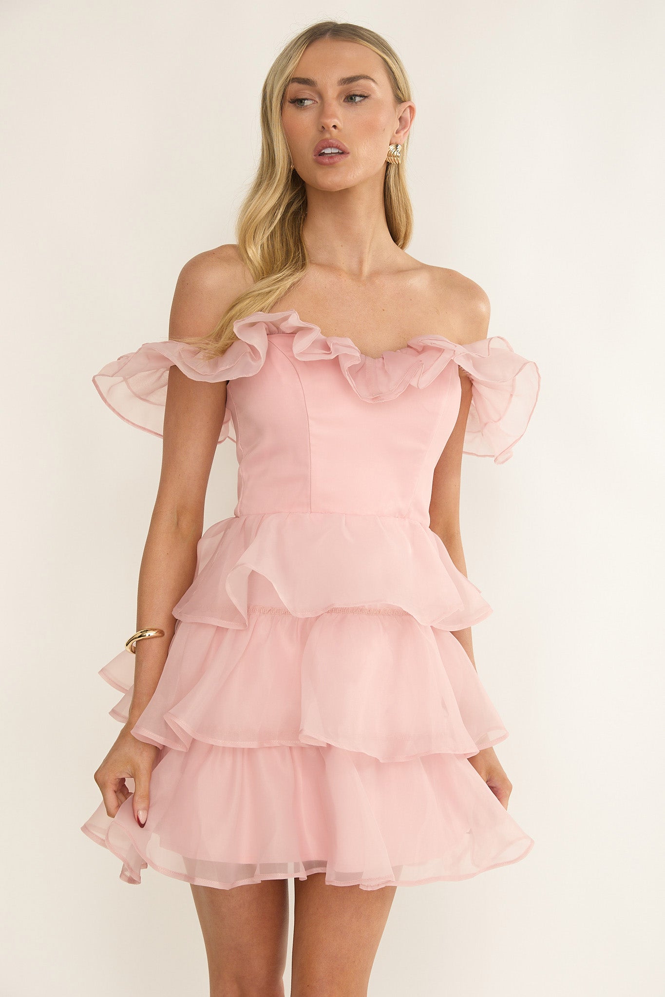 Rosira Off-Shoulder Ruffle Mini Dress Pink-Maymioy
