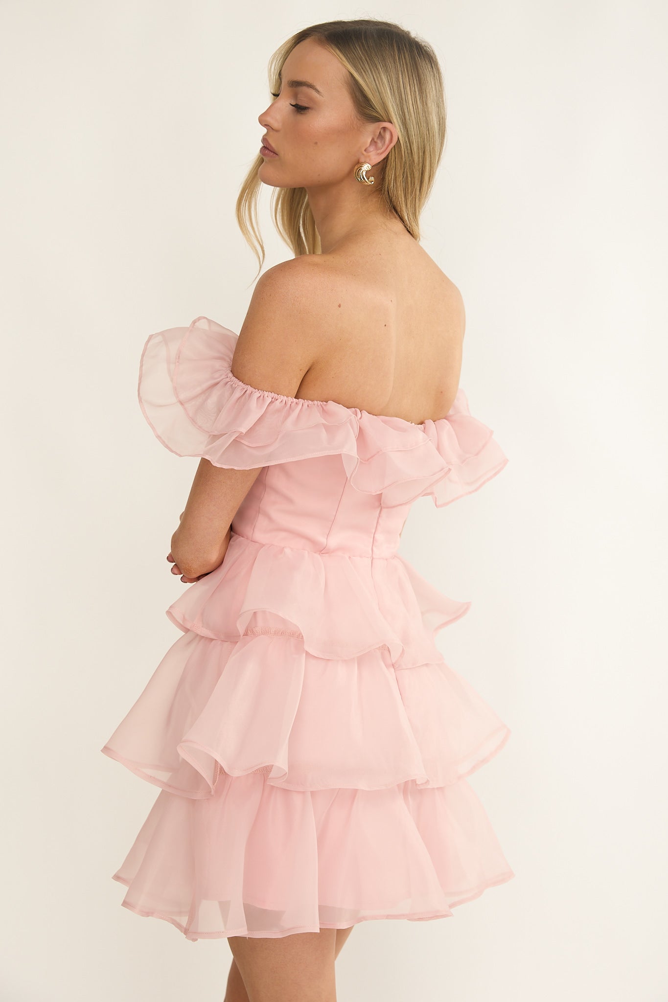 Rosira Off-Shoulder Ruffle Mini Dress Pink-Maymioy