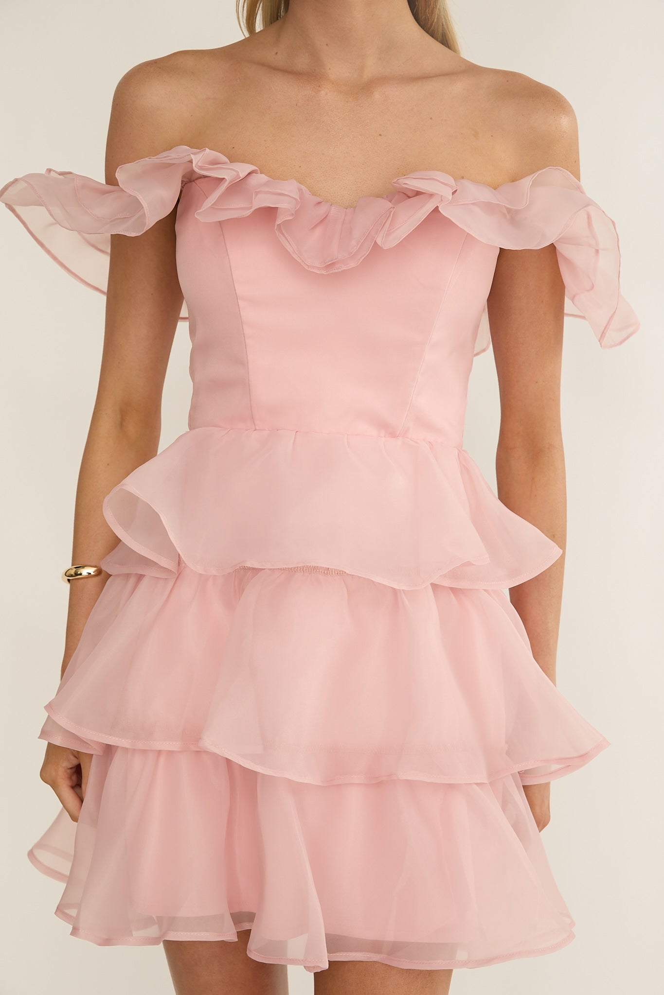 Rosira Off-Shoulder Ruffle Mini Dress Pink-Maymioy