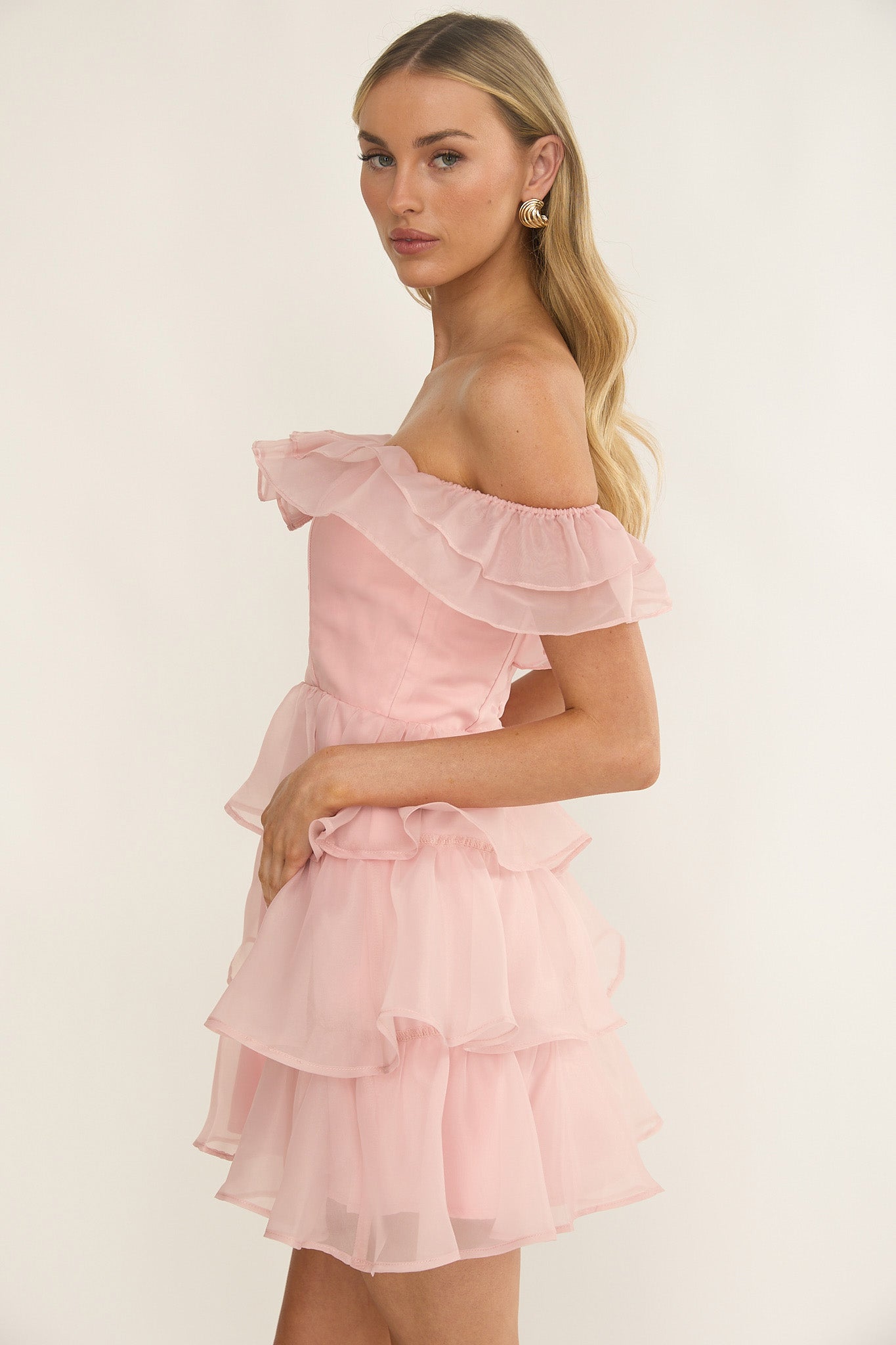 Rosira Off-Shoulder Ruffle Mini Dress Pink-Maymioy